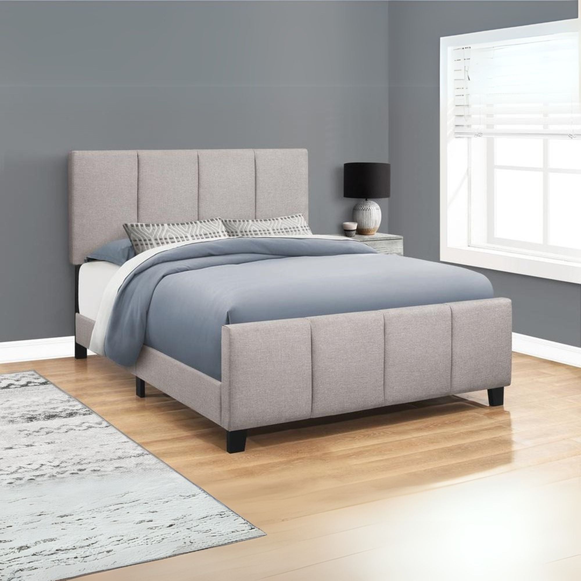 Belham Astra Queen Grey Linen Upholstered Bed – Transitional Style with Padded Headboard