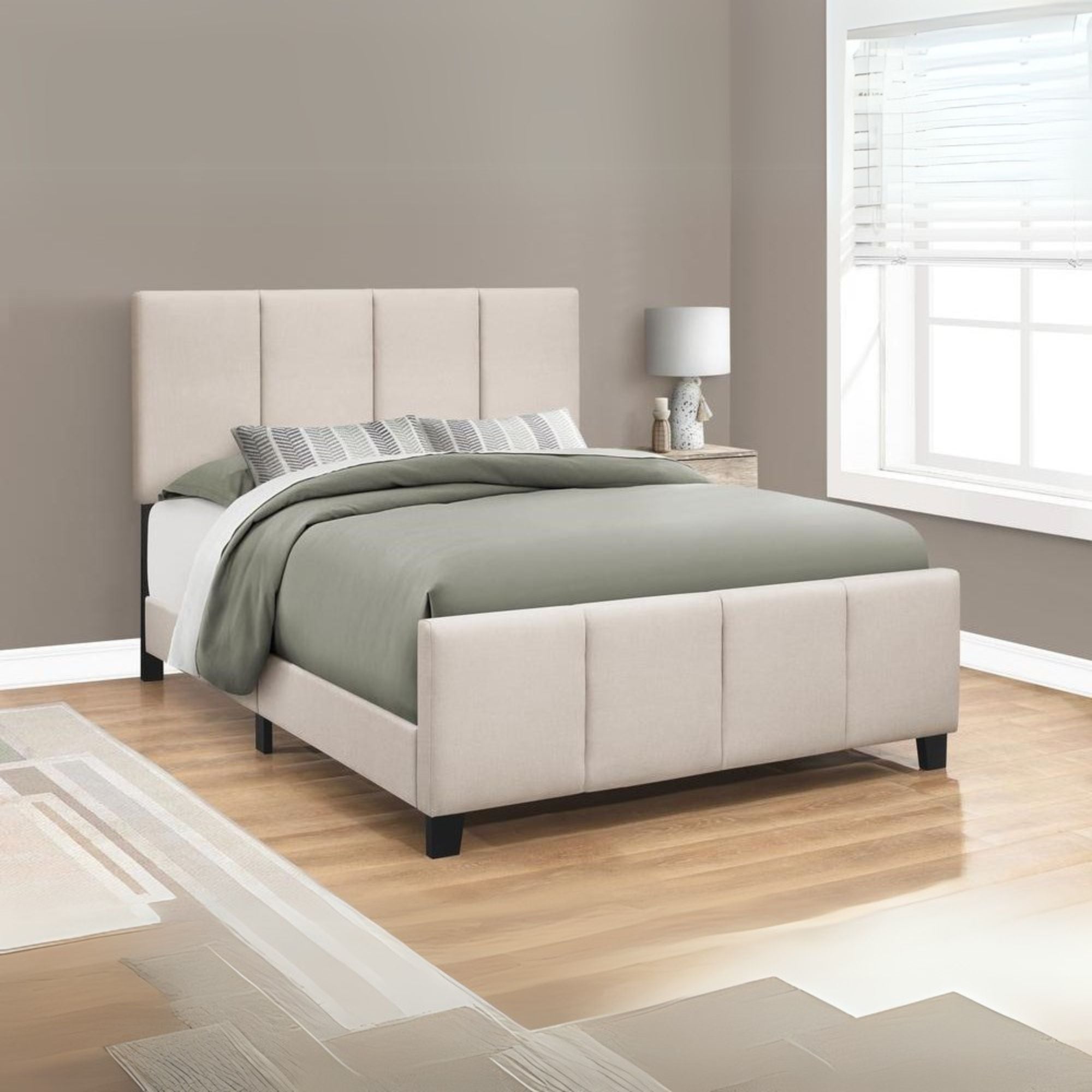 Tranquility Yeti Collection Queen Beige Linen Upholstered Bed – Minimalist Design with Black Wood Legs