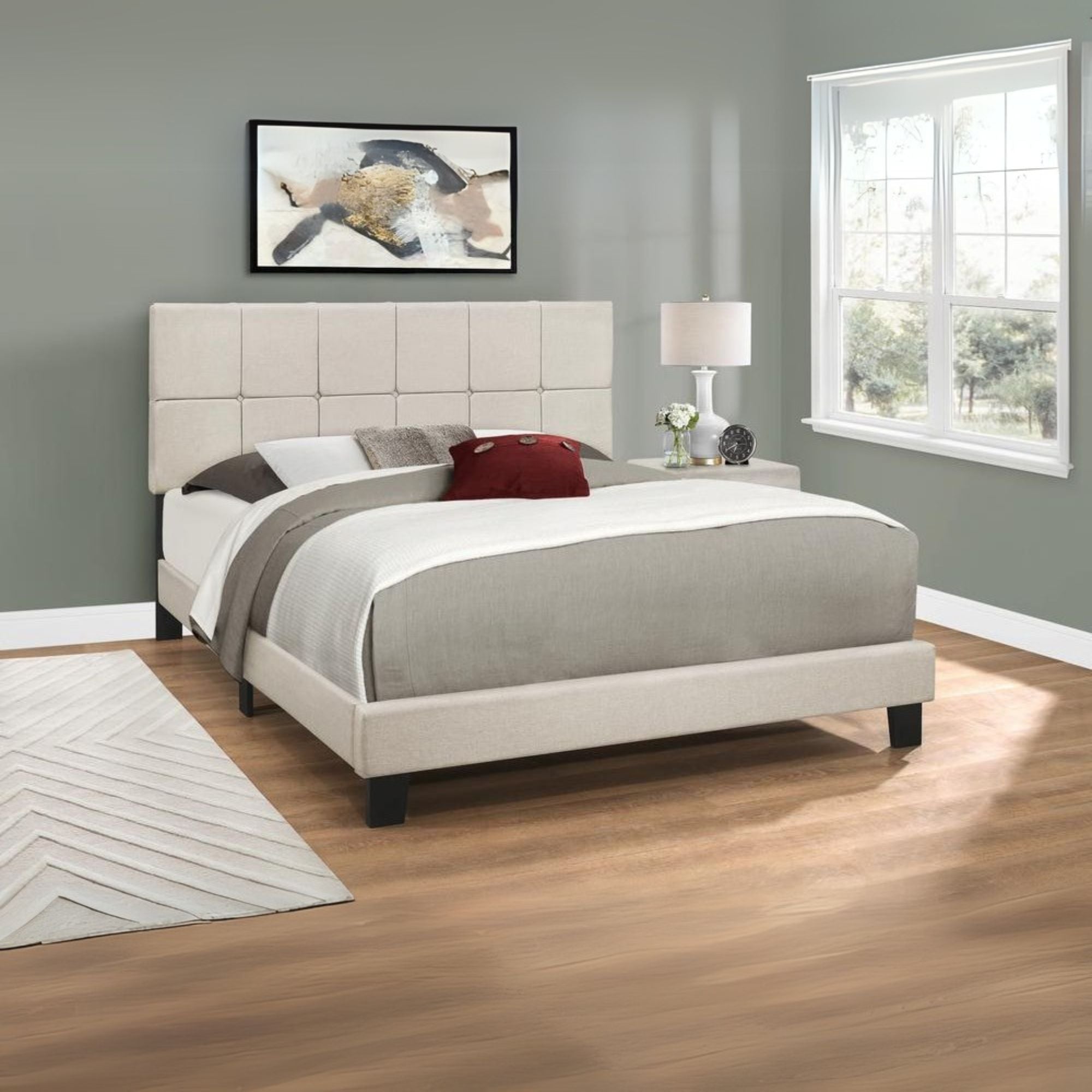 Camilla Sierra Collection Queen Beige Upholstered Bed – Modern Style with Linen Look & Black Wood Legs