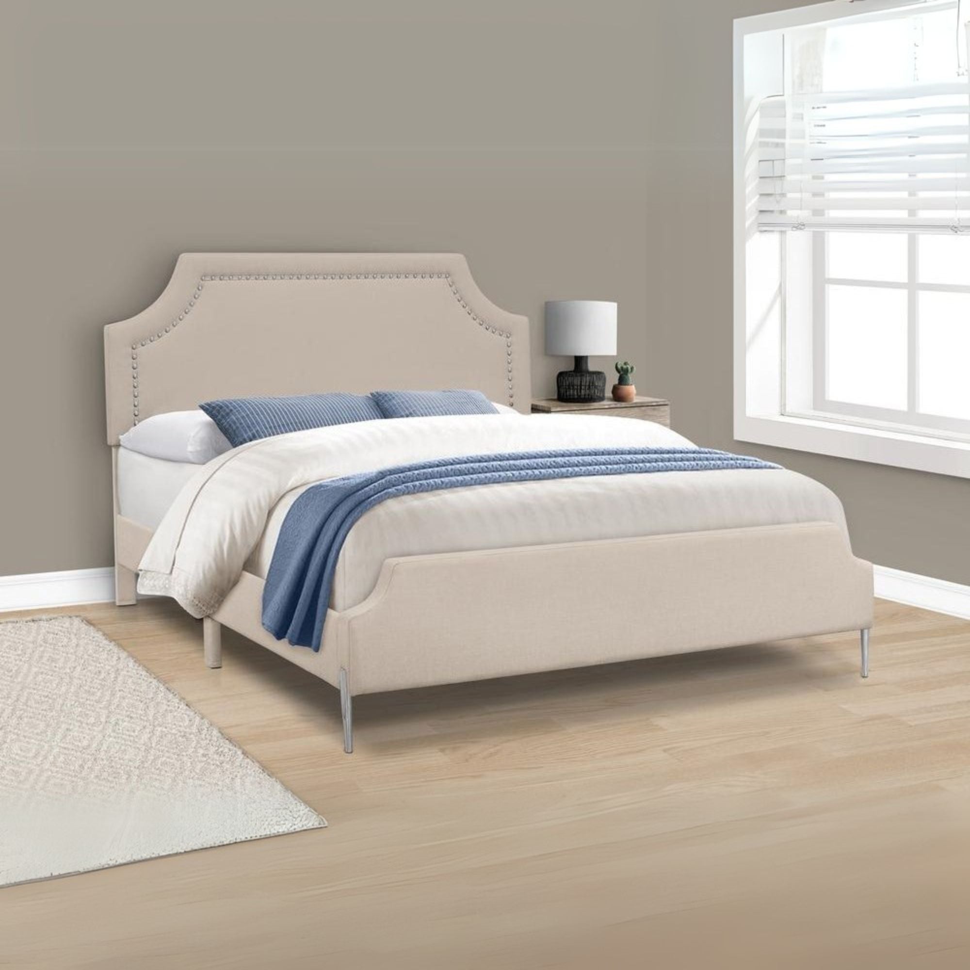 Prairie ChromeLux Queen Beige Linen Upholstered Bed – Modern Style with Chrome Accents