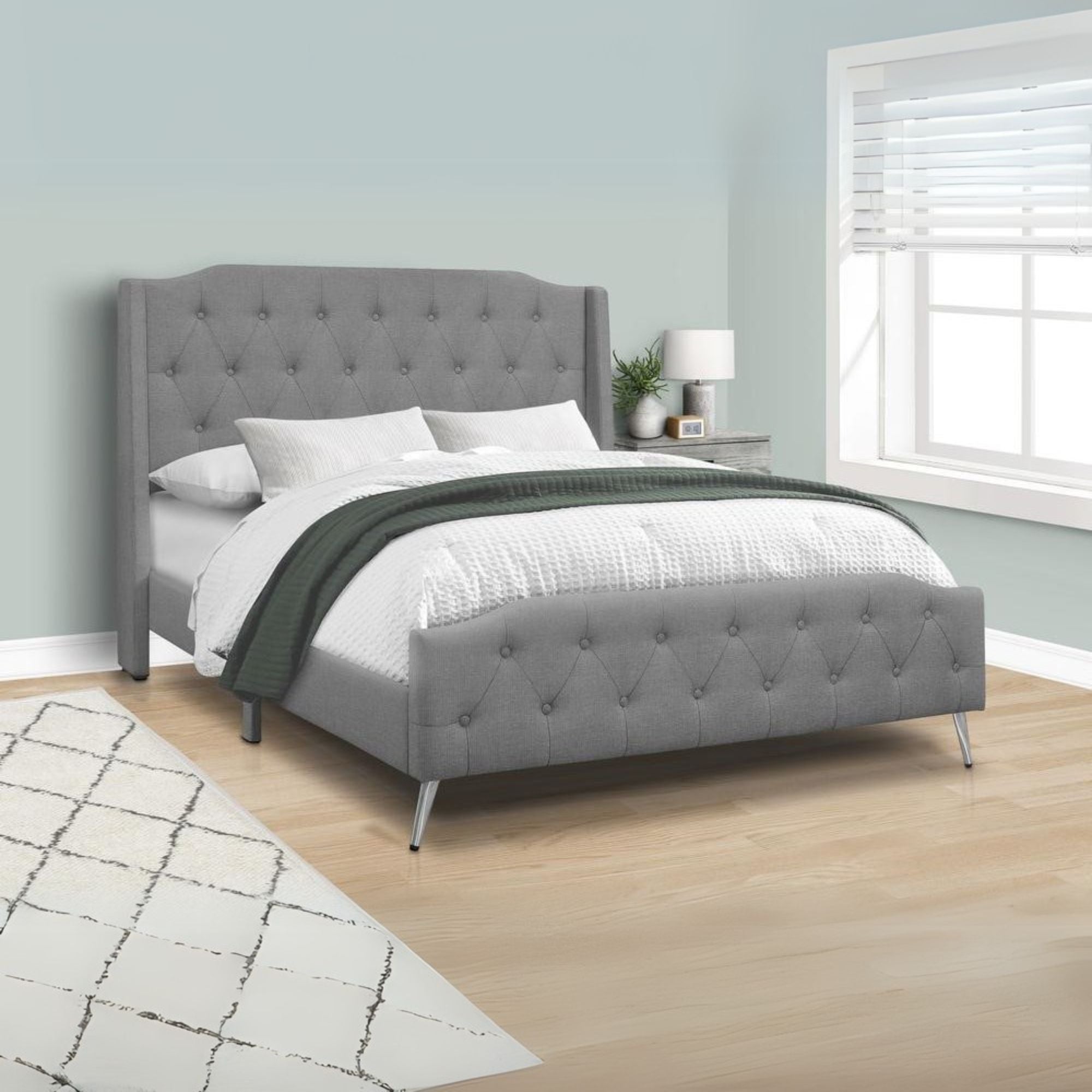 Winchester Cambridge Queen Grey Linen Upholstered Bed – Modern Chrome Legs & Low Profile