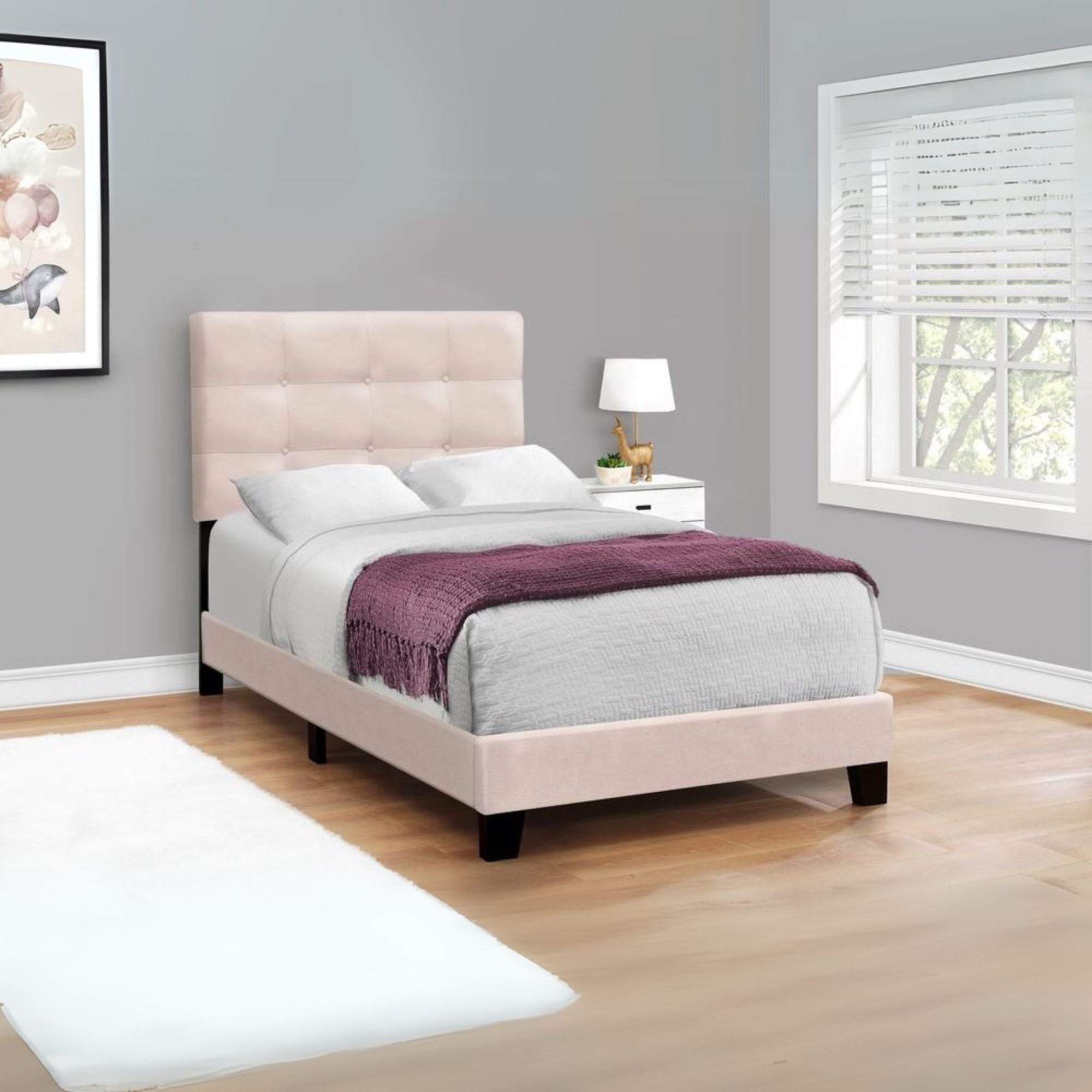 Flynn BlushDream Twin Pink Velvet Upholstered Bed Frame – Transitional Design, Soft Touch