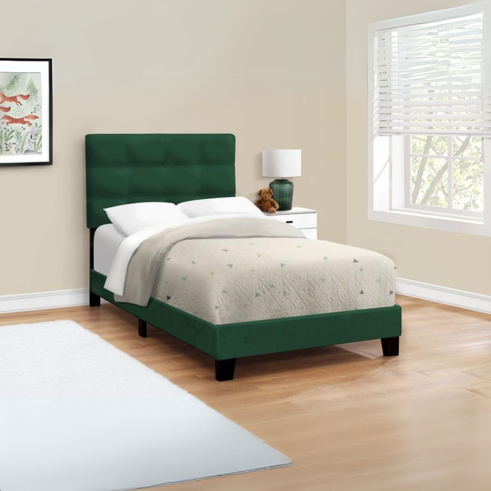 Potter Verde Collection Twin Green Velvet Upholstered Bed Frame – Transitional Style with Chrome Accents