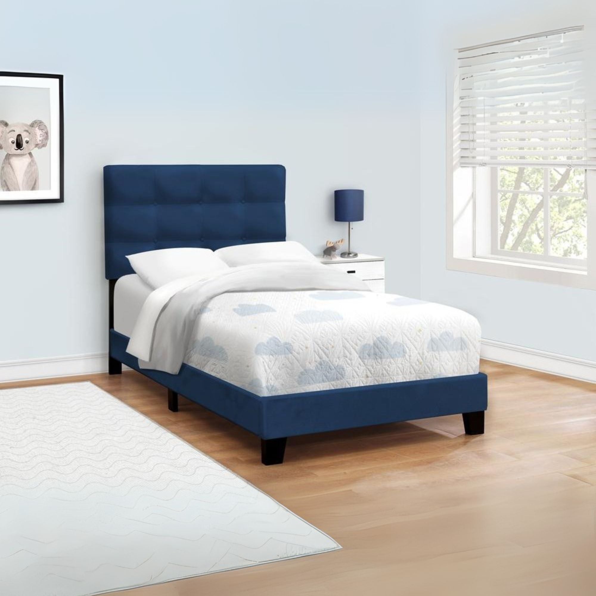 Capitola Aurora Twin Upholstered Bed Frame – Blue Velvet Finish, Sleek Transitional Look