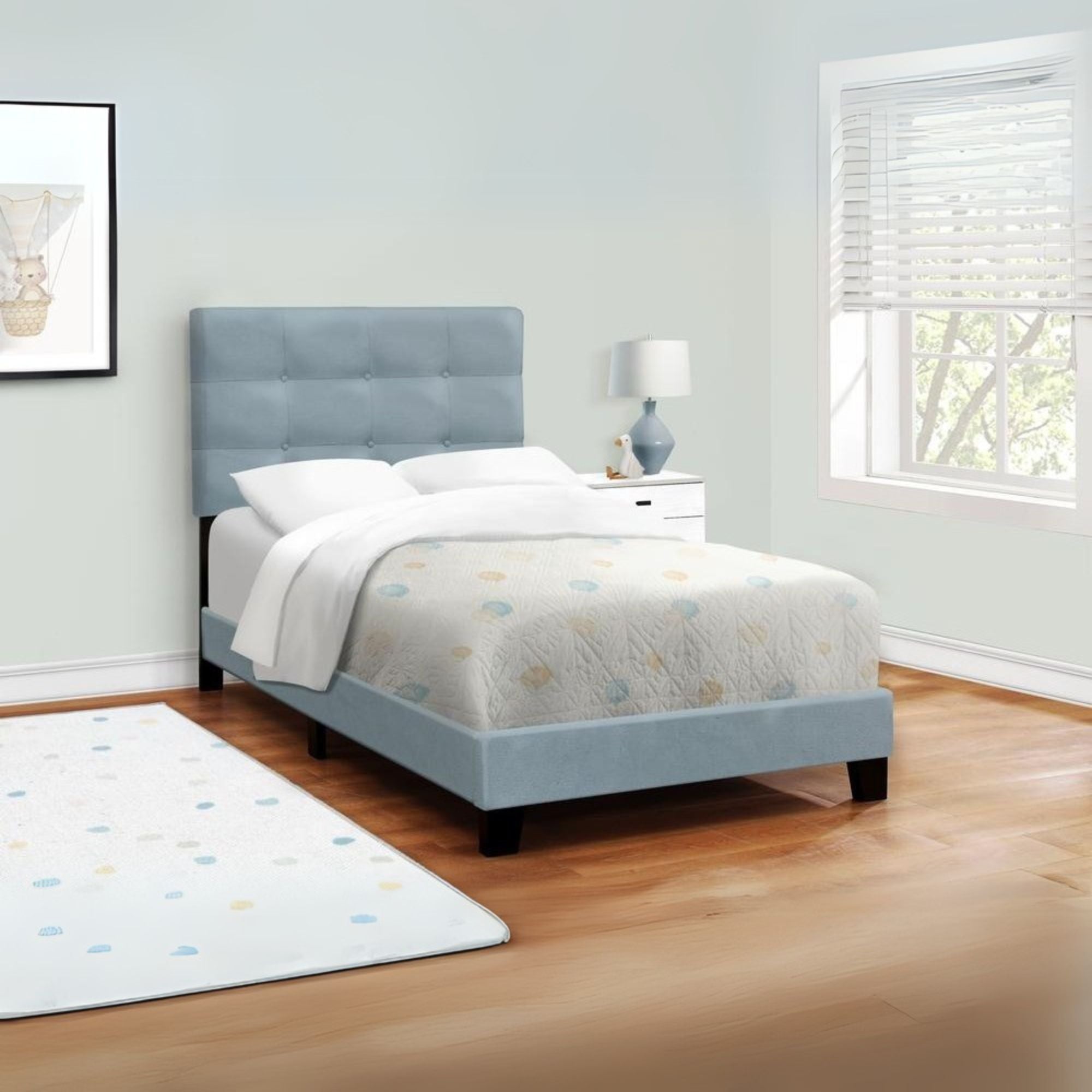 Ariana Skyline Twin Light Blue Velvet Upholstered Bed Frame – Transitional Style with Plush Headboard