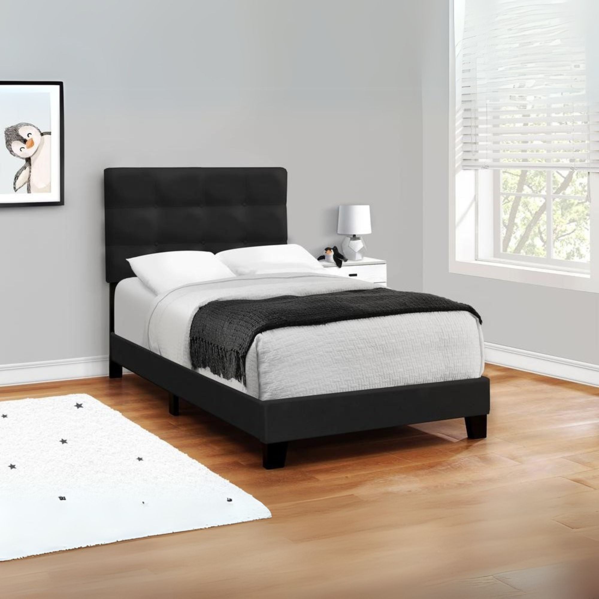 Alpine Kairo Twin Size Black Velvet Bed Frame – Upholstered Transitional Design, No Headboard