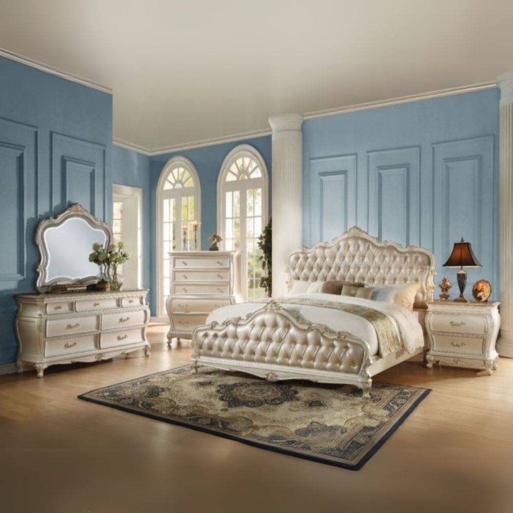 Barahan Chantelle California King Bed Rose Gold Synthetic Leather – Traditional Pearl White Tufted Design