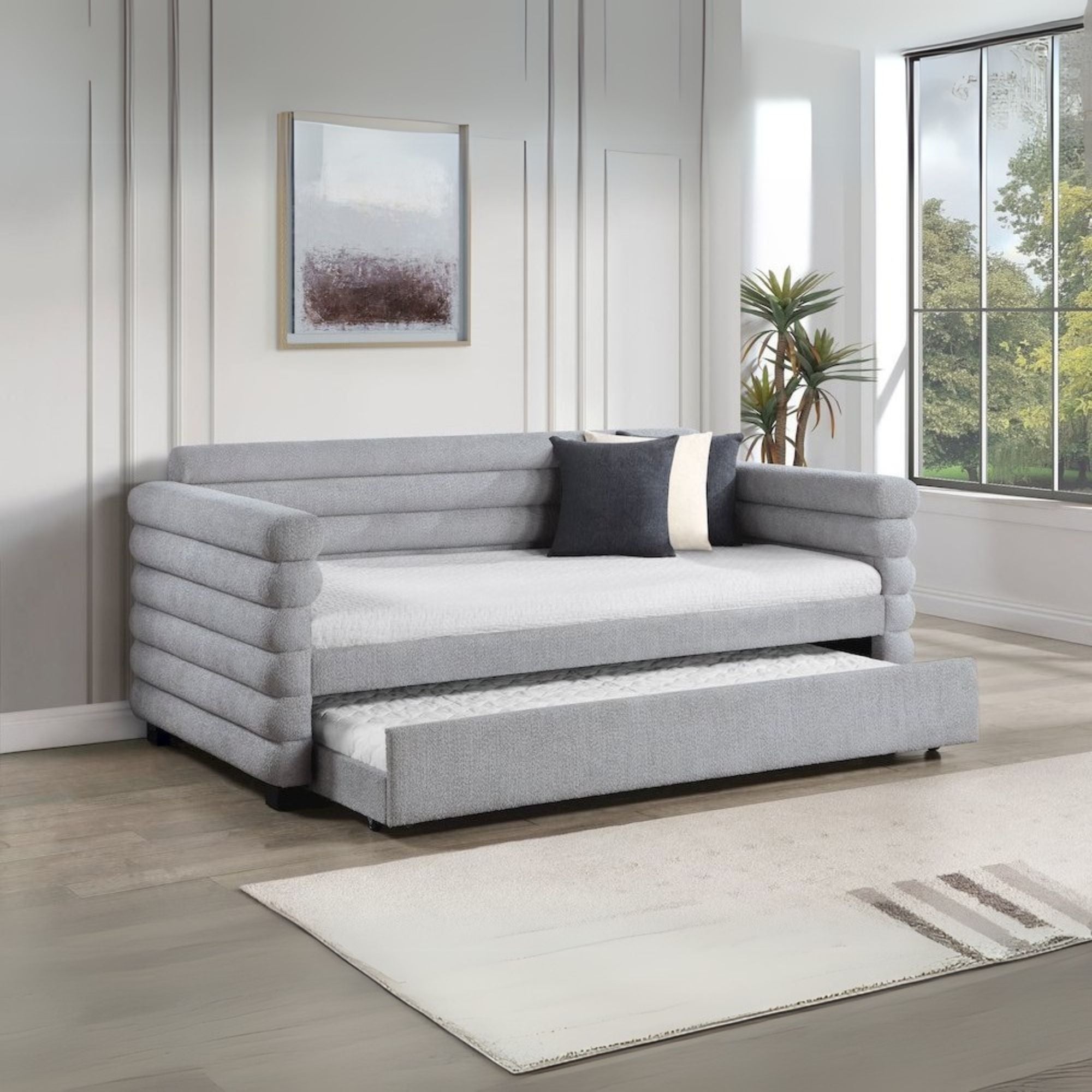 Opalescen Patricia Twin Grey Boucle Upholstered Daybed with Trundle Modern Bolster Style Guest Bed