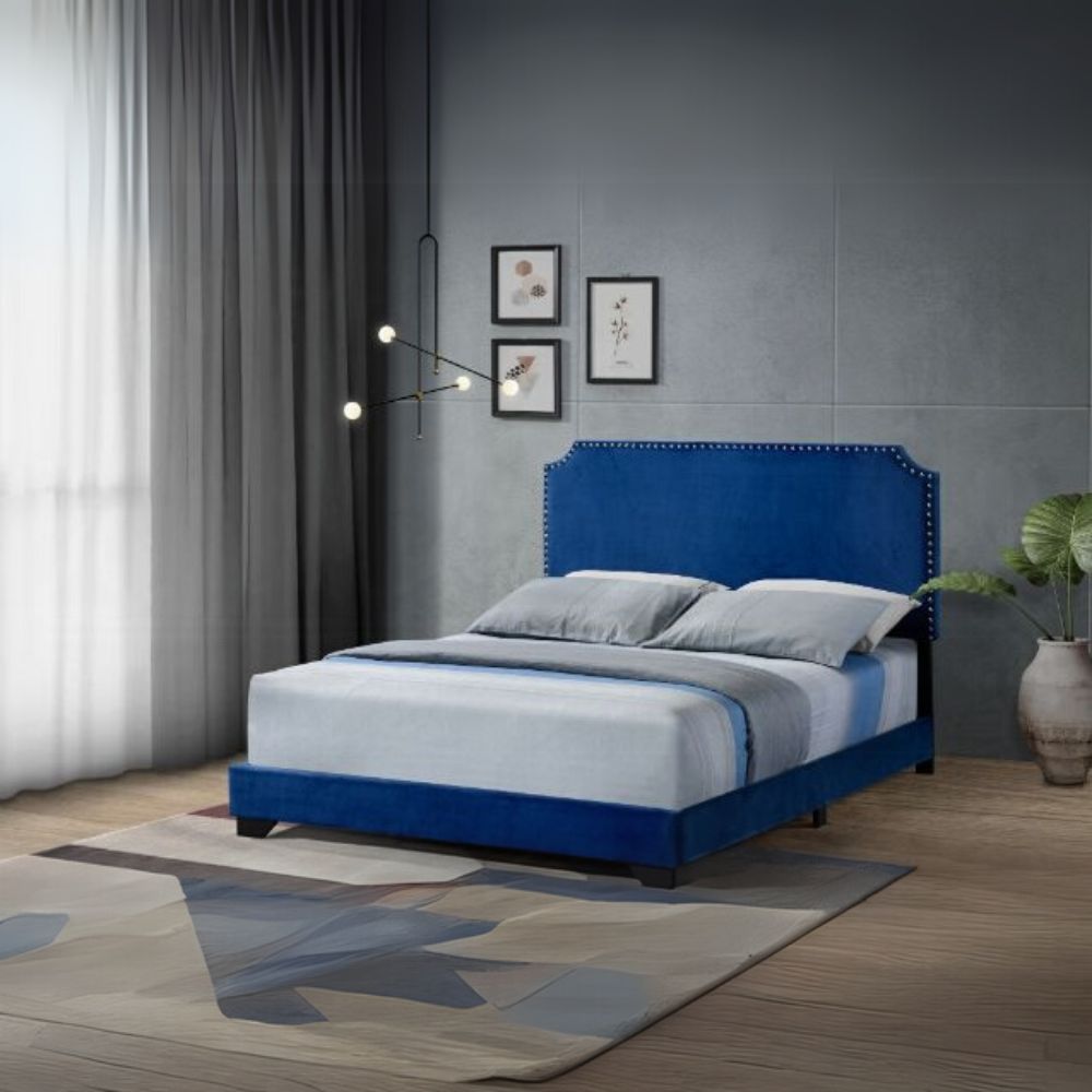 Flora Haemon Queen Blue Velvet Platform Bed – Elegant Upholstered Frame with Padded Headboard