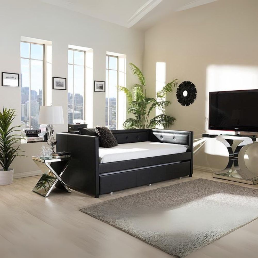 Frank Twin Daybed Black Faux Leather Modern Button-Tufted with Trundle