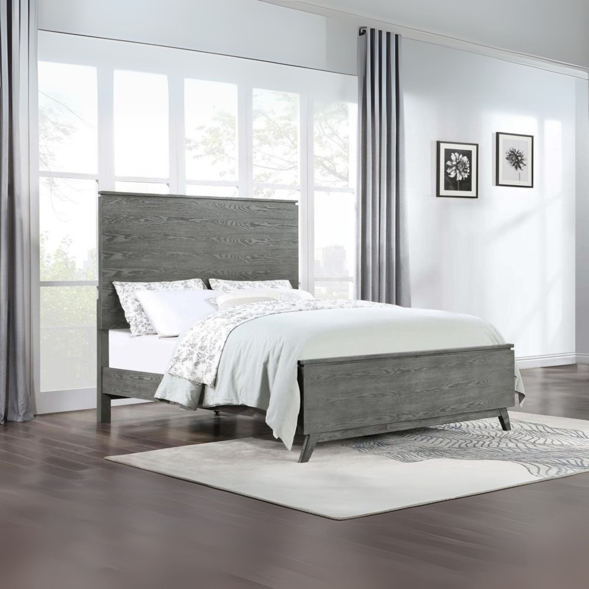 Odessa Nathan High Headboard California King Panel Bed Grey – Modern Oak Wood Construction