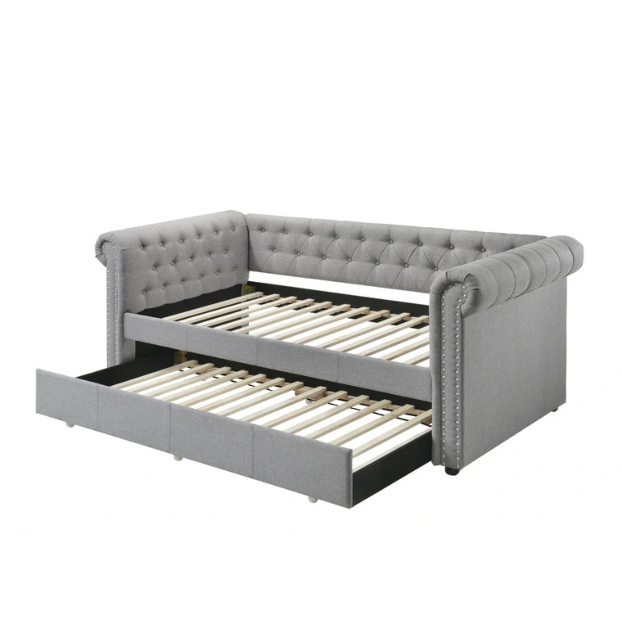 Caleb Justice Twin Upholstered Daybed – Smoke Gray Fabric with Pull-Out Trundle Bed