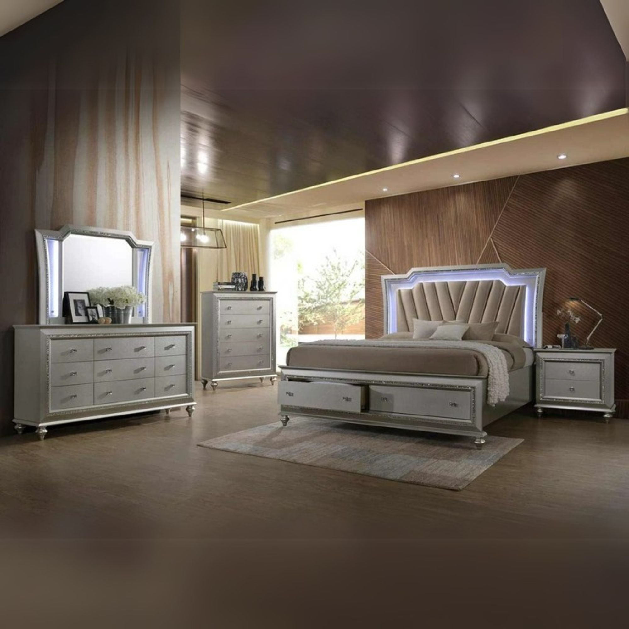 Valor Kaitlyn Eastern King Champagne Synthetic Leather Bed – Contemporary LED Storage Design