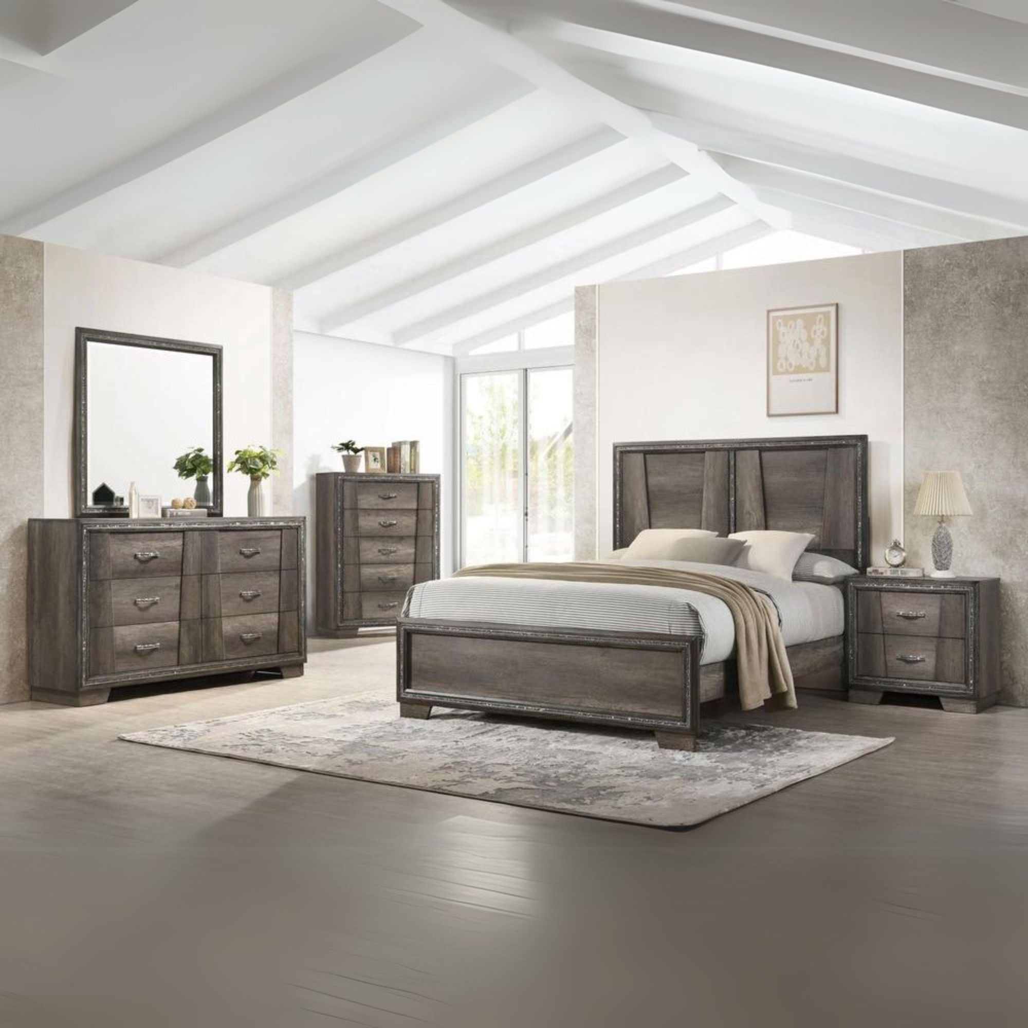 Lida Janine Queen Grey Pine Wood Panel Bed – Contemporary Transitional Bedroom Furniture