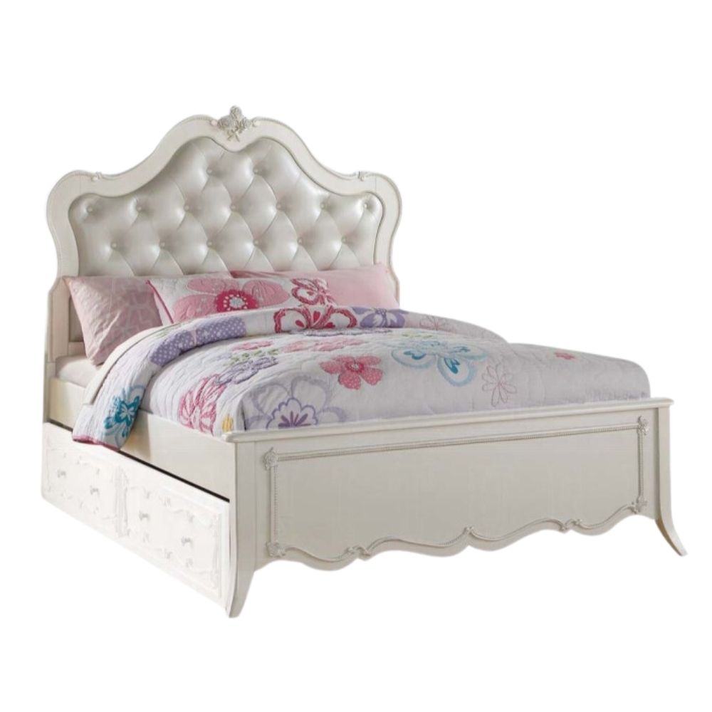 Cain Edalene Full Size White Upholstered Bed – Faux Leather Glam Look with Tufted Headboard