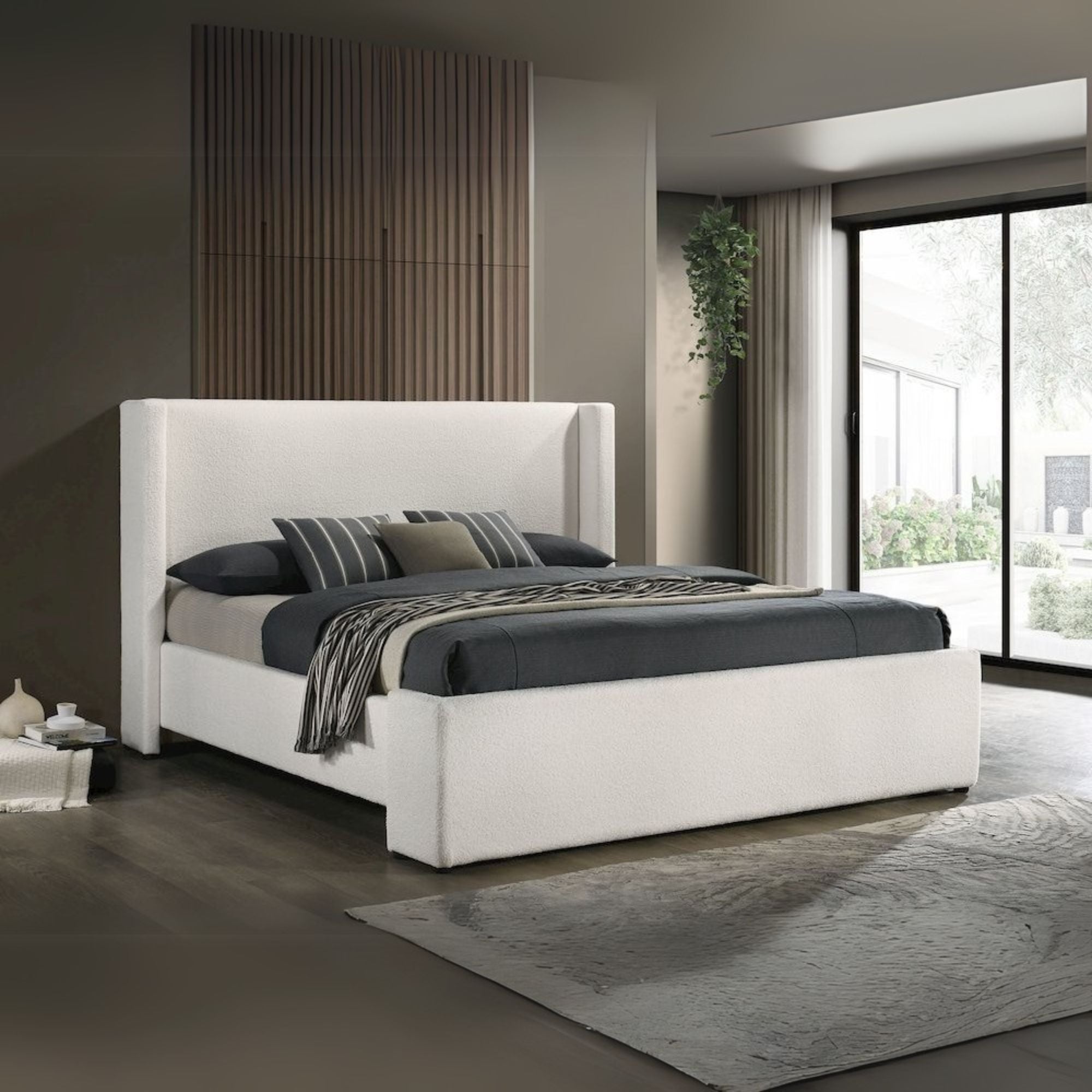 Jully Alamosa Eastern King White Boucle Upholstered Platform Bed – Modern Wingback with Low Footboard