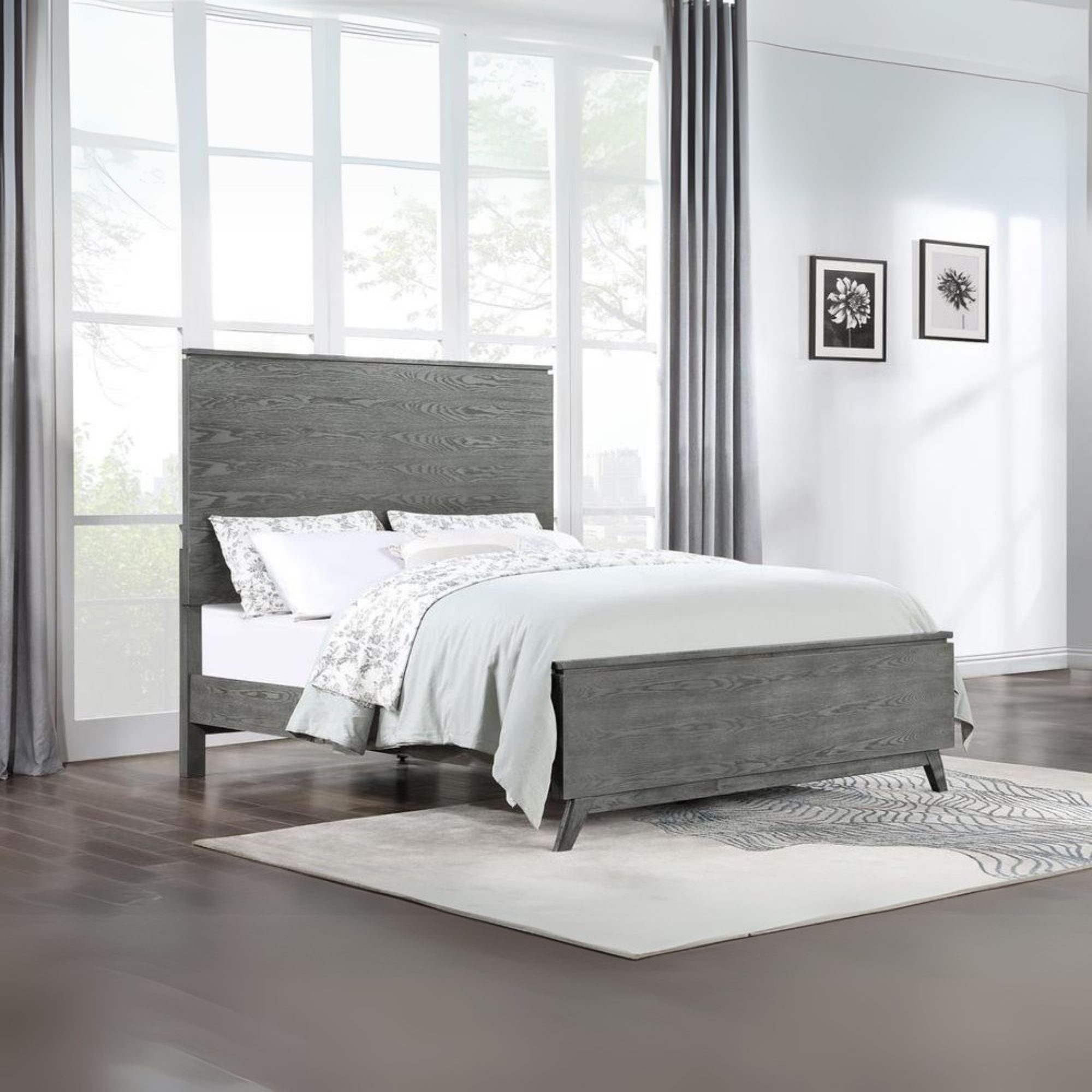 Gustavo Nathan Eastern King Grey Oak Hardwood Panel Bed – Modern High Headboard Design