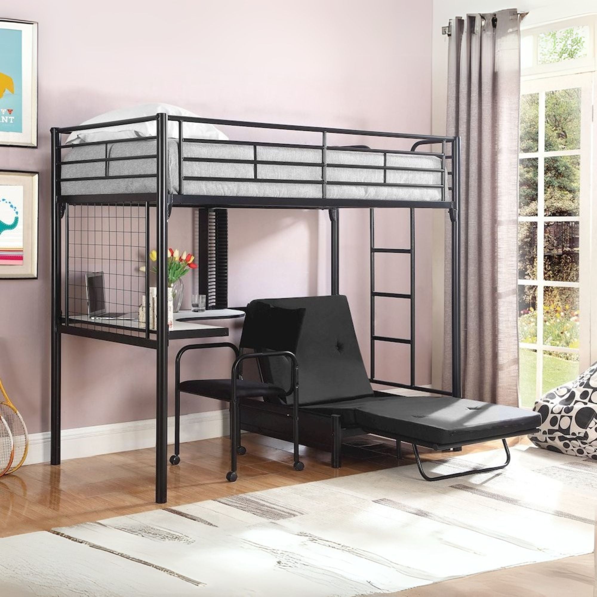 Bernadette Jenner Twin Black Metal Loft Bed – Contemporary Space-Saving Workstation with Futon