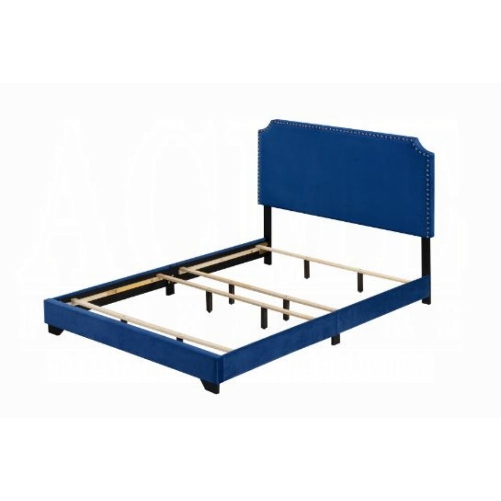 Flora Haemon Queen Blue Velvet Platform Bed – Elegant Upholstered Frame with Padded Headboard
