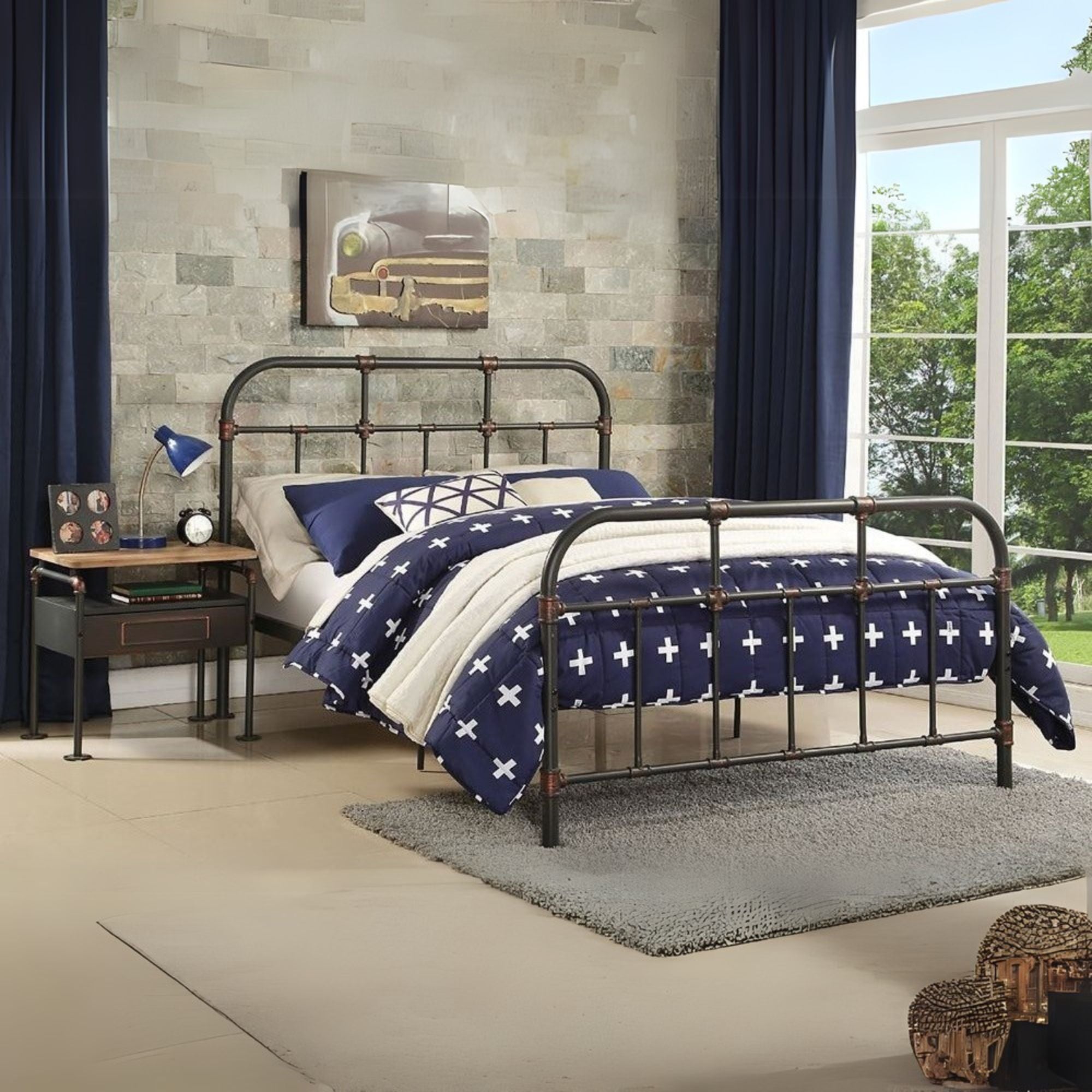 John Nicipolis Full Size Bed Sandy Gray – Modern Wooden Frame with Panel Headboard