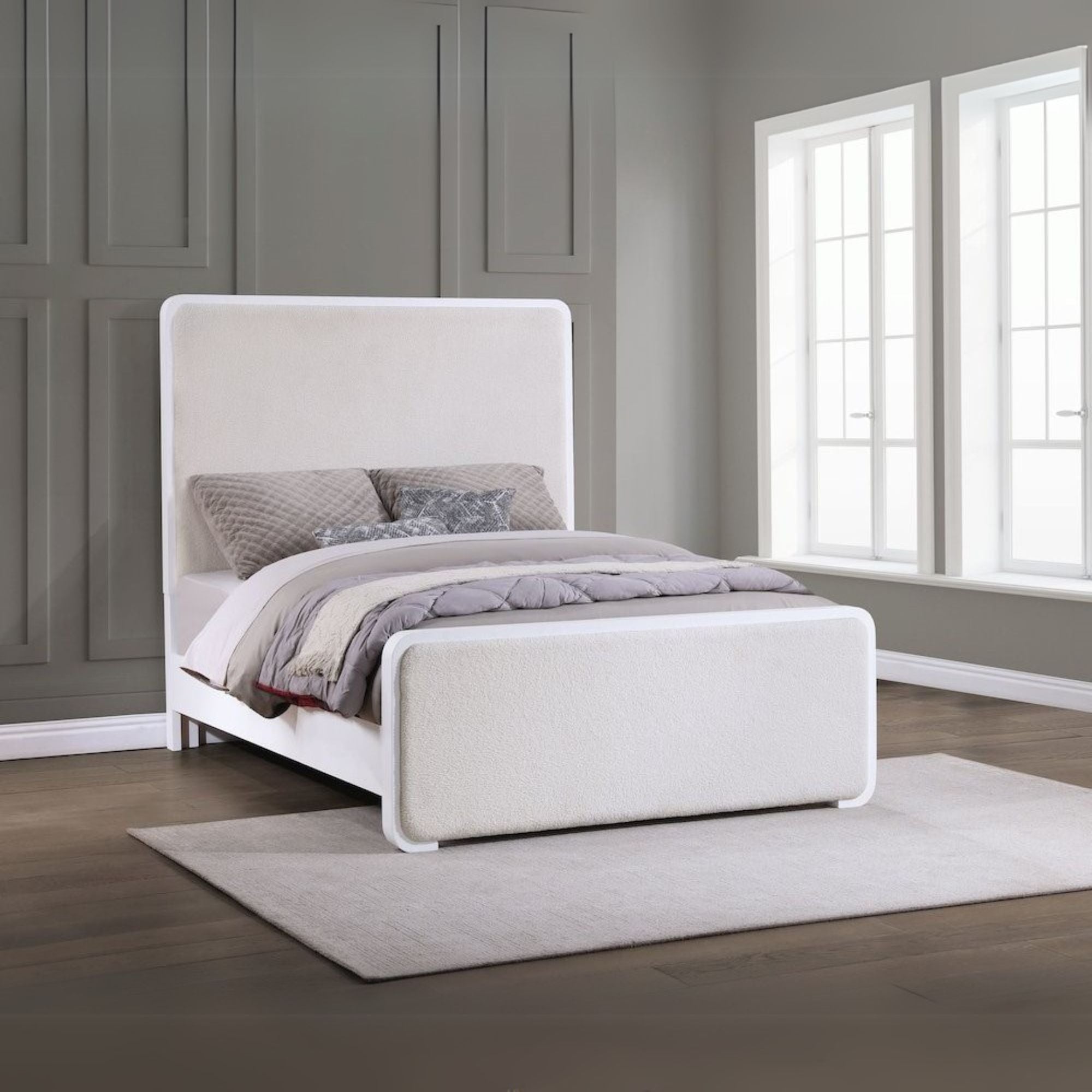 Lanier Anastasia California King Pearl White Upholstered Panel Bed – Glam Tufted Wingback Design
