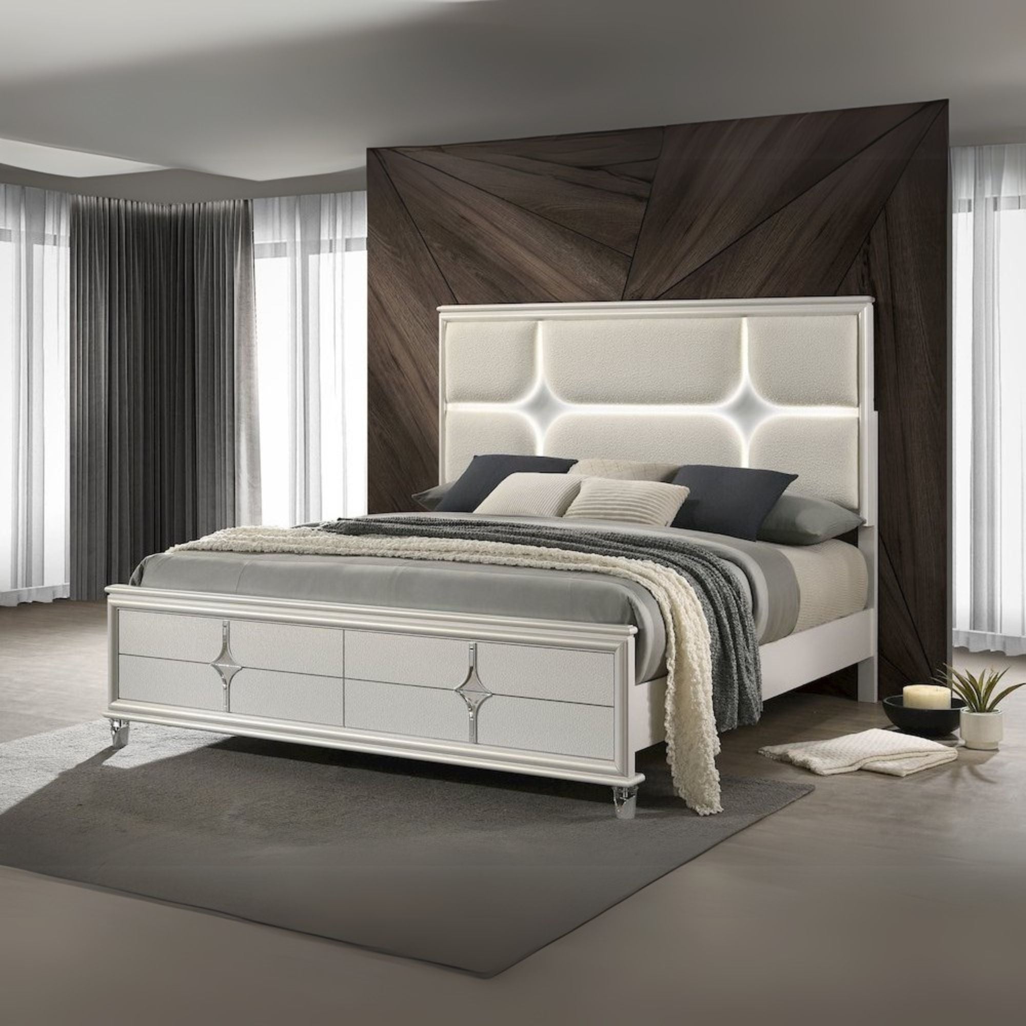 Franklin Olivia Collection Queen Pearl White Boucle Bed Frame Modern Panel Bed with LED Star Headboard
