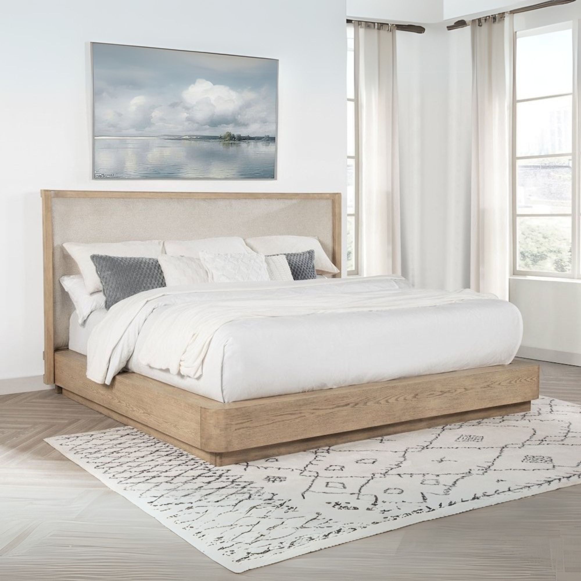 Constantine Kailani Queen Oak Platform Bed Beige – Contemporary Wingback with Upholstered Panel