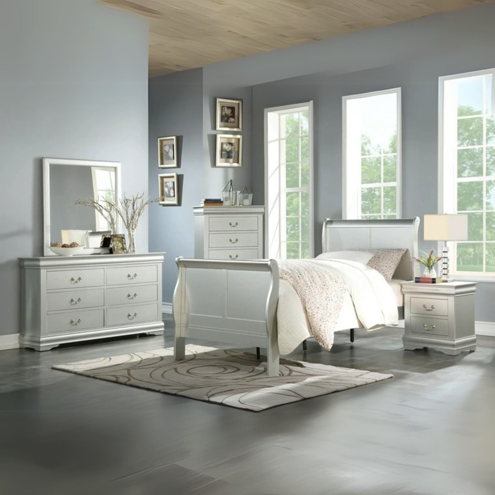 Mallu Louis Philippe III Twin Size Bed – Cherry Finish Sleigh Frame for Kids or Guest Room