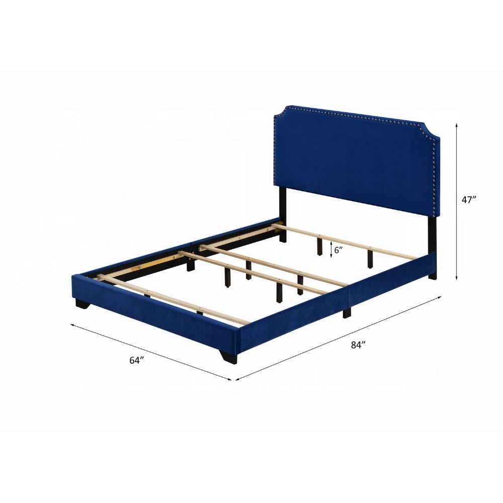 Flora Haemon Queen Blue Velvet Platform Bed – Elegant Upholstered Frame with Padded Headboard