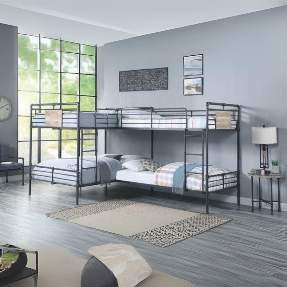 Alden Cordelia L-Shaped Bunk Bed T/T/F/F Sandy Black Metal – Industrial Hand-Brushed Finish