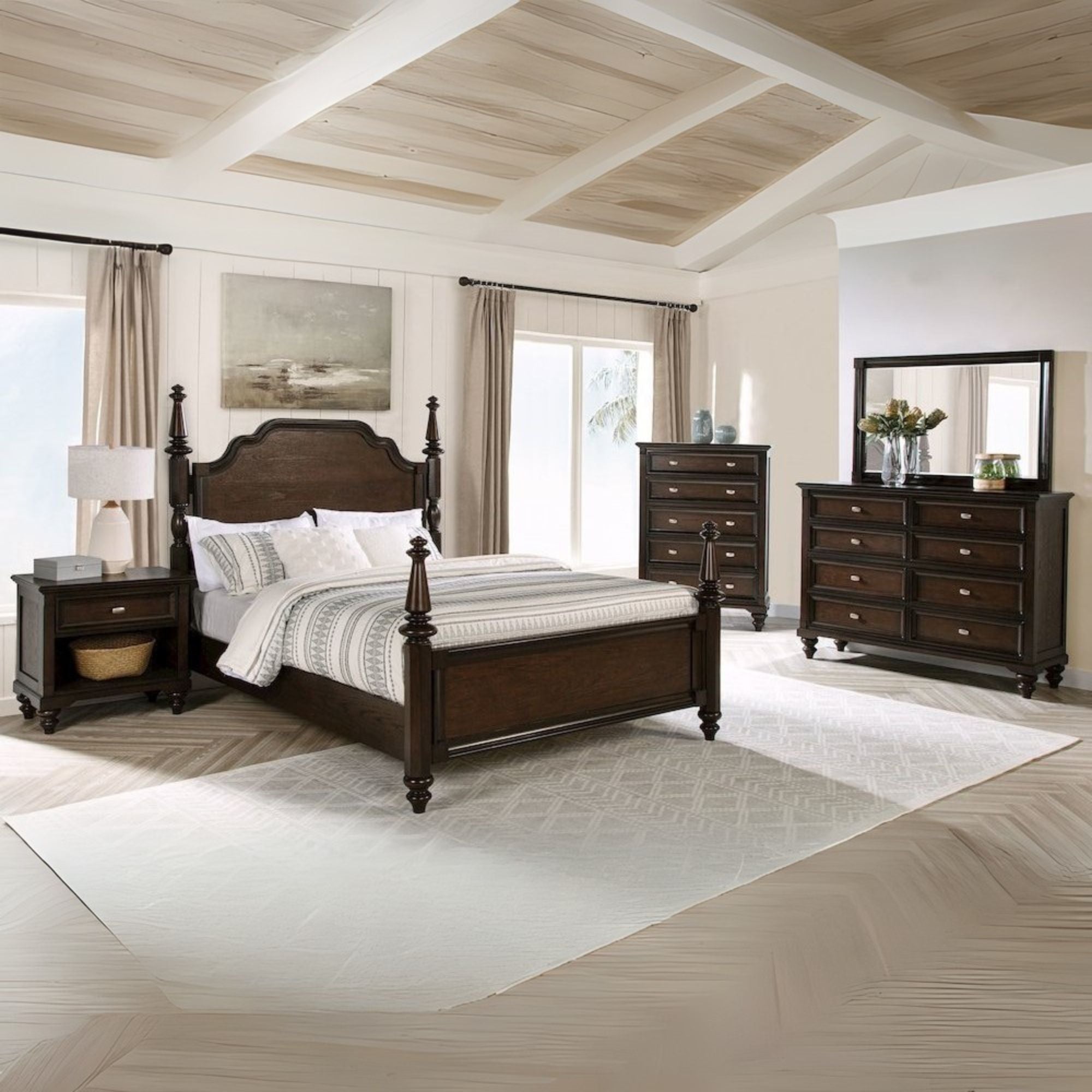 Fera Andover California King Dark Oak Wood Bed – Four Poster Frame with Tall Posts