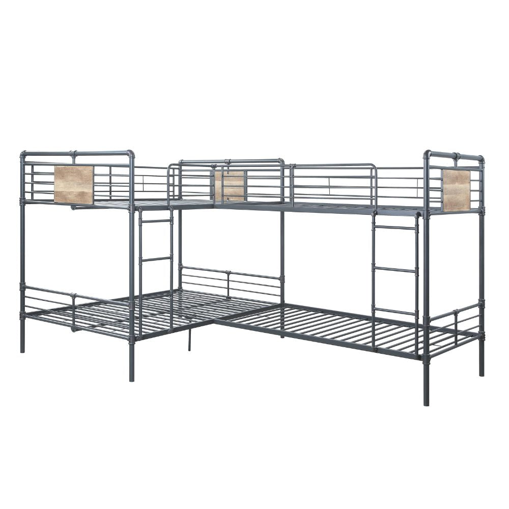 Alden Cordelia L-Shaped Bunk Bed T/T/F/F Sandy Black Metal – Industrial Hand-Brushed Finish