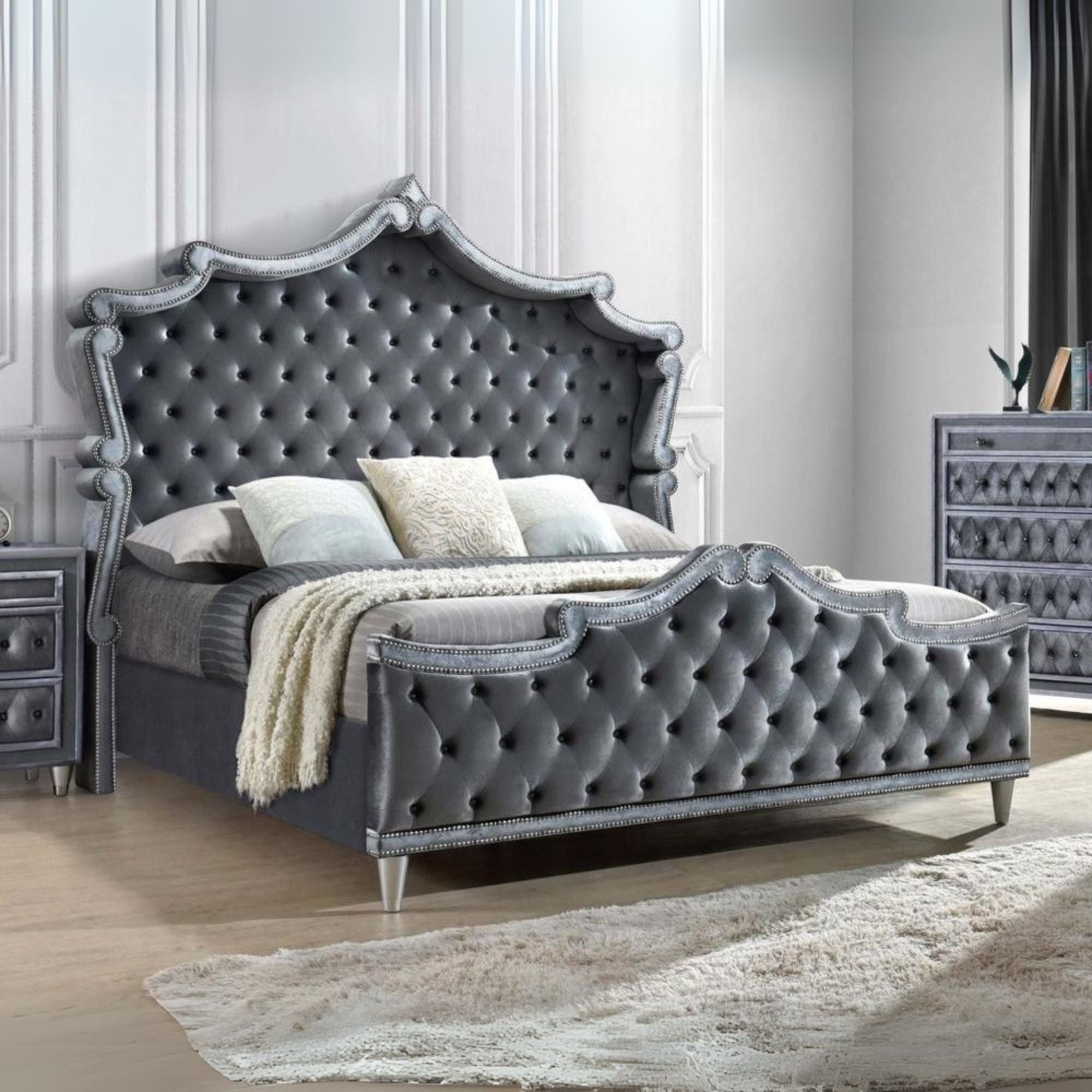 Oshow Antonella California King Grey Velvet Upholstered Bed – Glam Button Tufted with Chrome Nailhead Trim