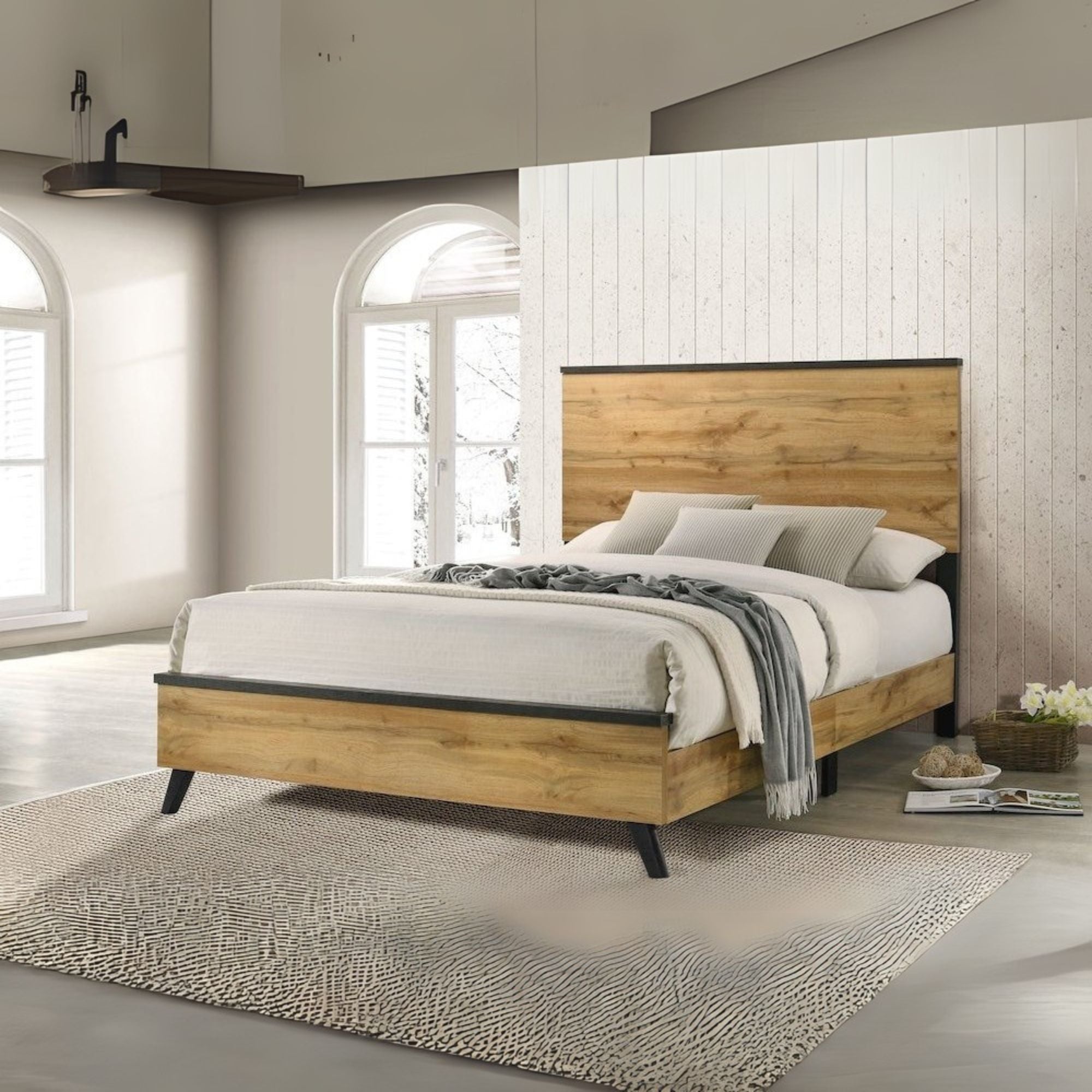 Milky Kaywood 51-Inch Full Natural Pine Panel Bed – Mid-Century Modern with Black Metal Accents