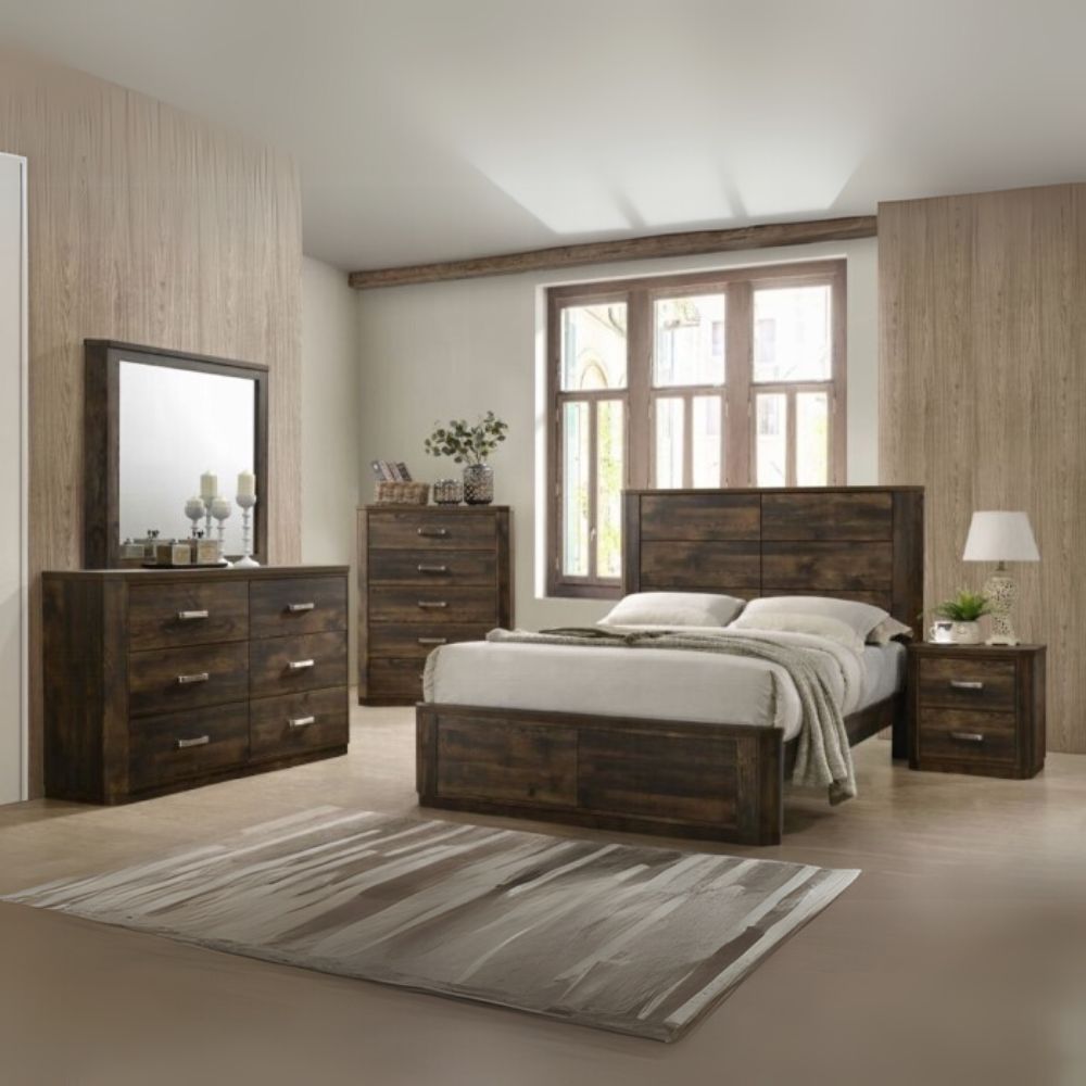 Luna Elettra Queen Walnut Wooden Bed – Modern Panel Design with Storage Drawers