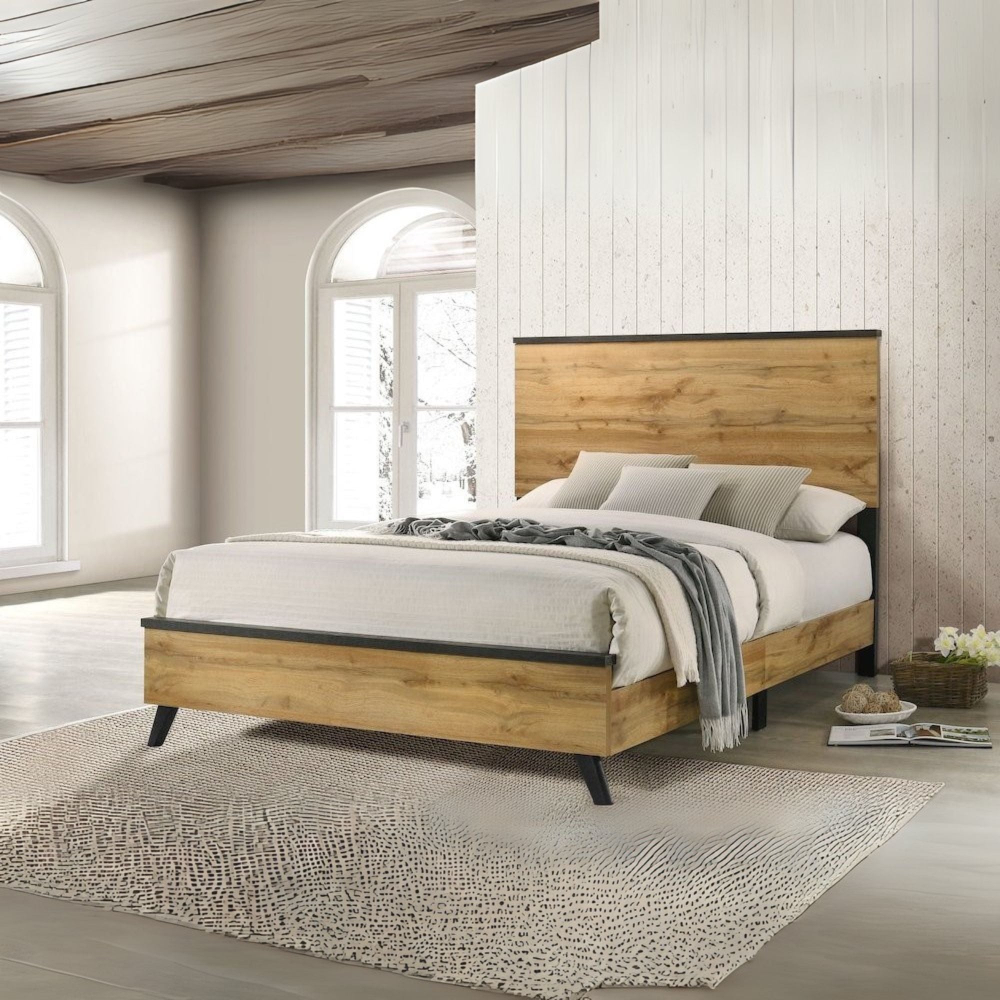 Alex Kaywood Eastern King Natural Pine Wood Panel Bed – Mid-Century Minimalist Design