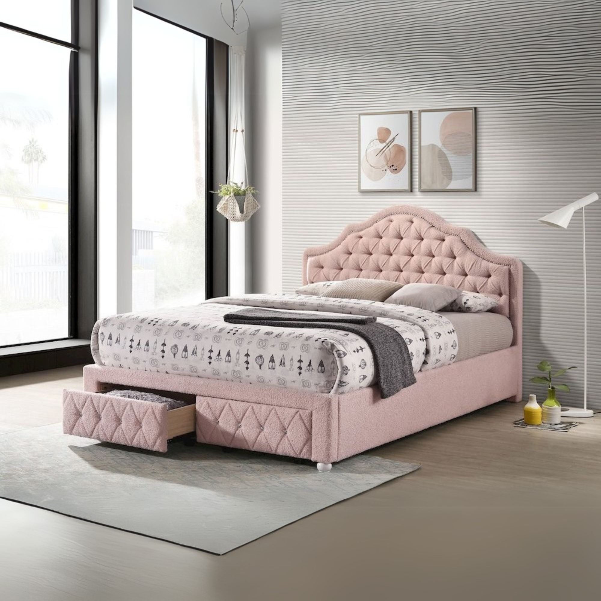 Chotu Ashleigh Twin Pink Bouclé Storage Platform Bed – Vintage Upholstered with Button-Tufting & Drawer