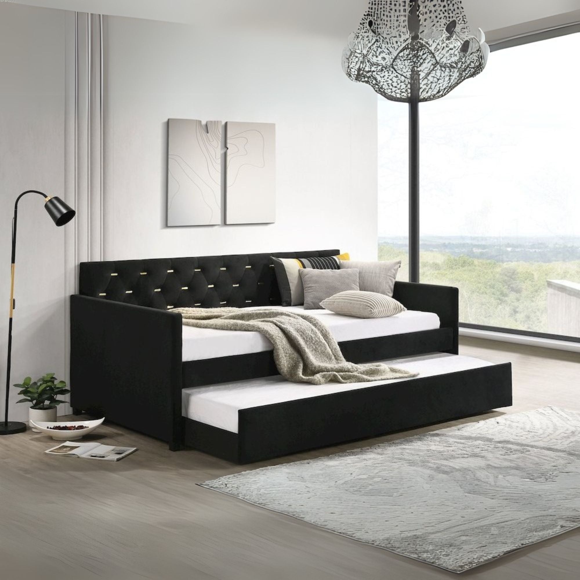 Damazy Monroe Eastern King Vanilla Upholstered Canopy Bed – 4-Poster Bronze Frame No Box Spring Needed