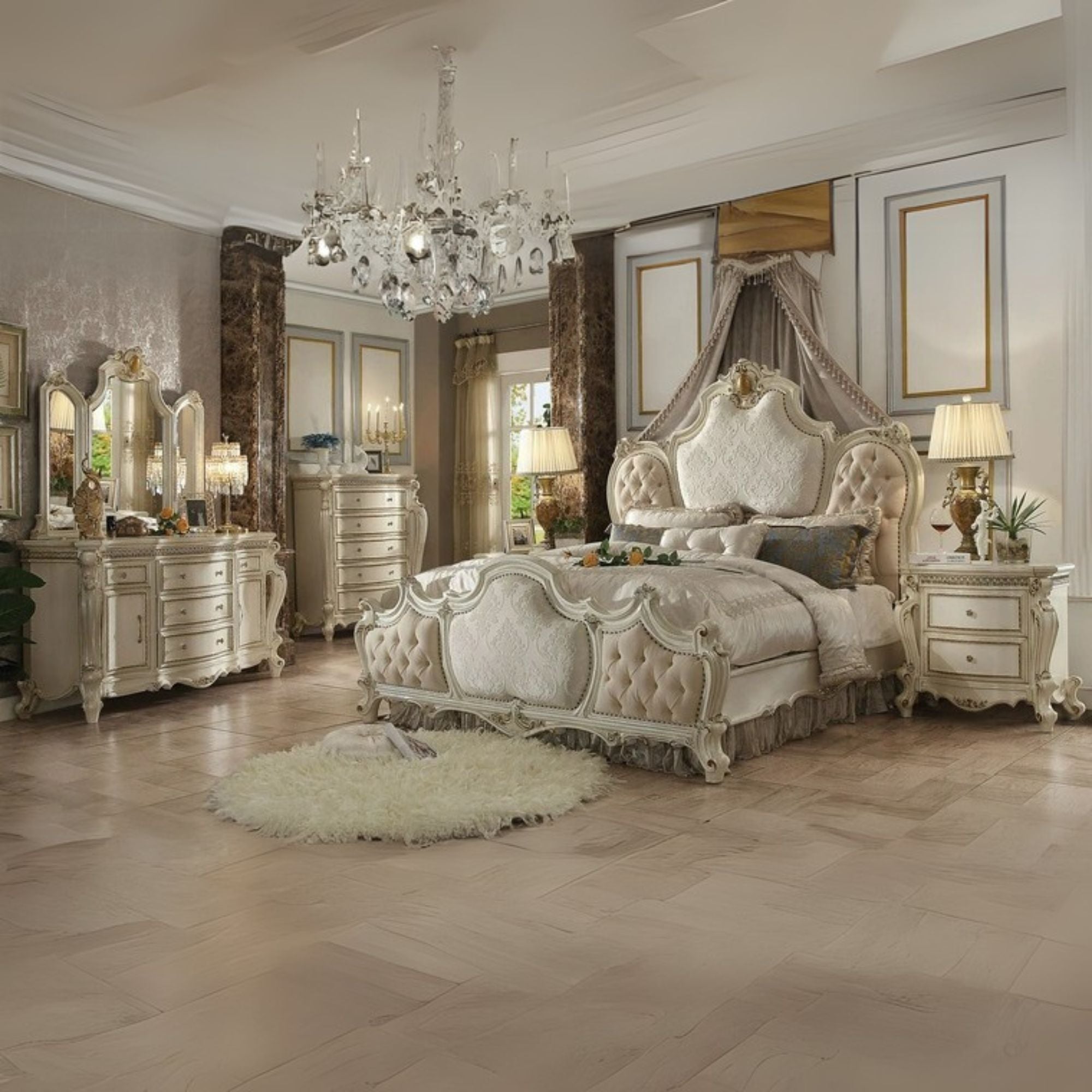 Pandey Picardy Eastern King Bed Fabric Antique Pearl – Vintage Traditional Panel Bed with Tufted Headboard