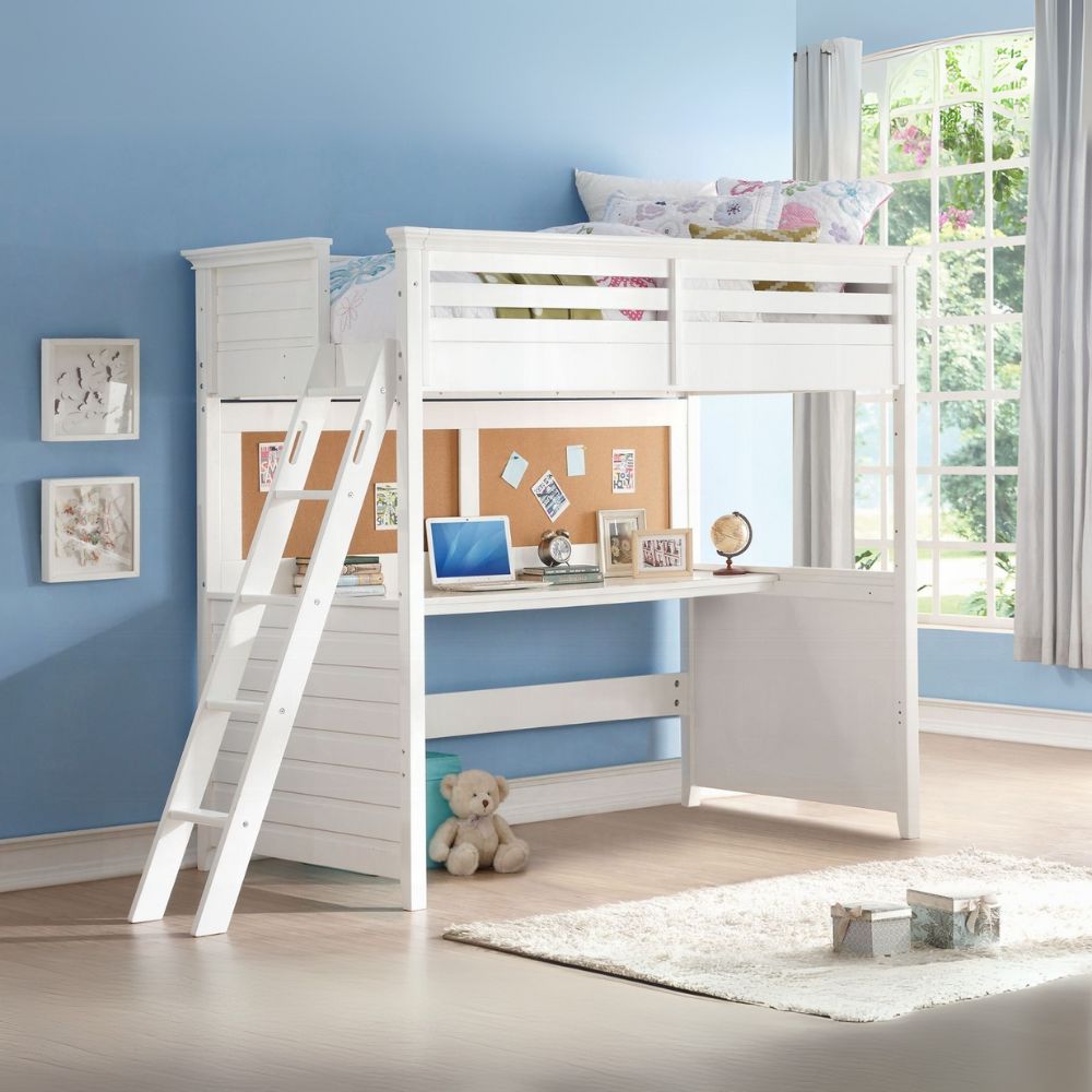 Aaron Lacey Twin White Poplar Wood Loft Bed – Kids Space-Saving Design with Reversible Ladder