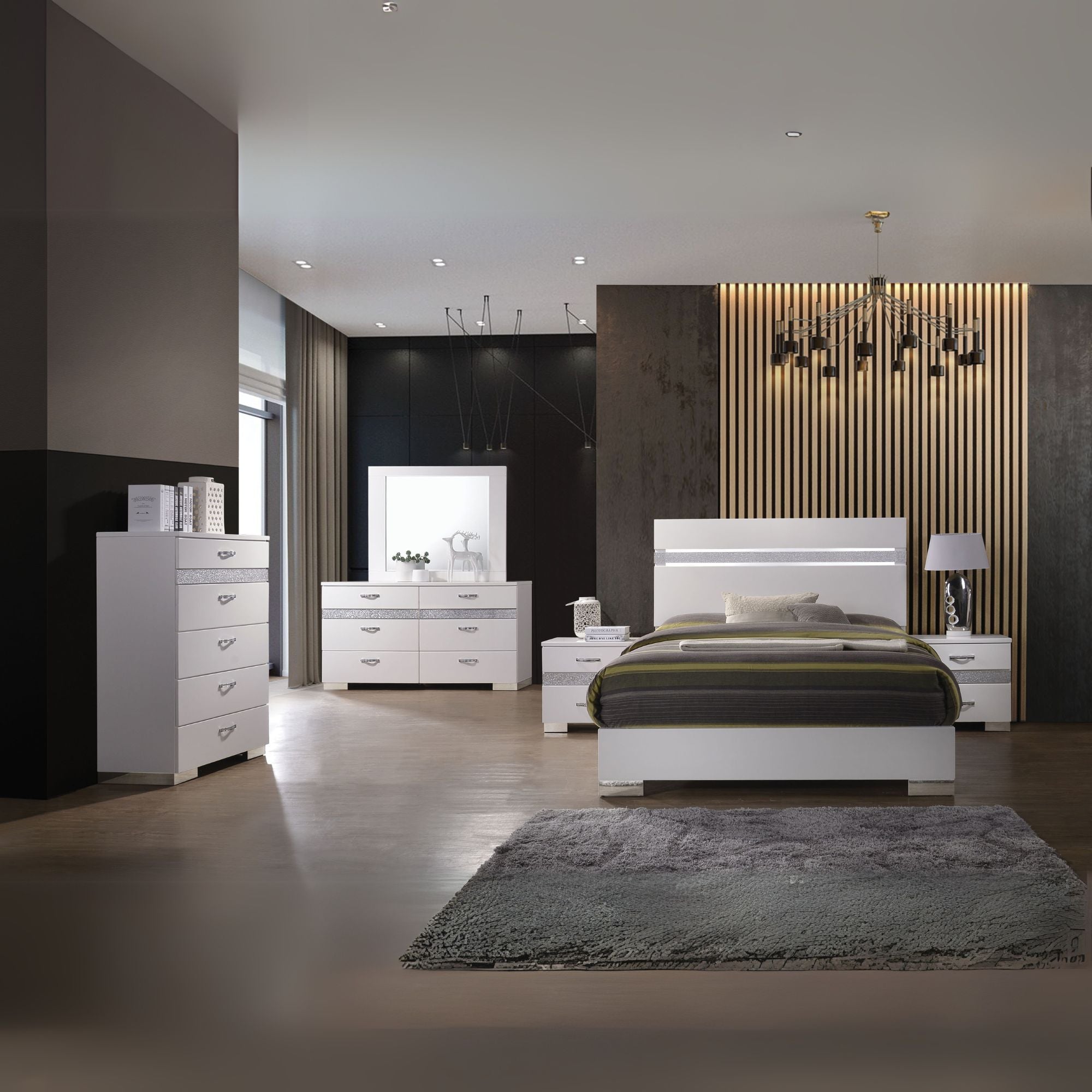 Gloss Naima II Eastern King Bed White High Gloss – Modern Wood Panel Style