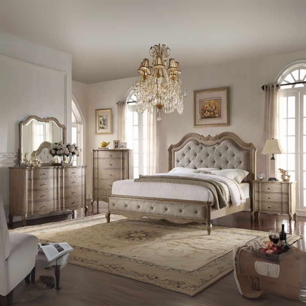 Ahani Chelmsford Collection Eastern King Upholstered Bed – Antique Taupe Frame & Beige Fabric Headboard