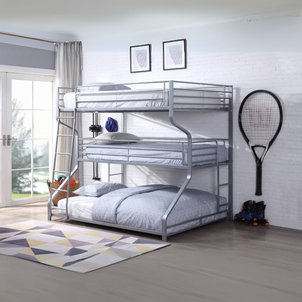 Caius II Full/Twin/Queen Silver Metal Bunk Bed – Triple-Layer Industrial Frame
