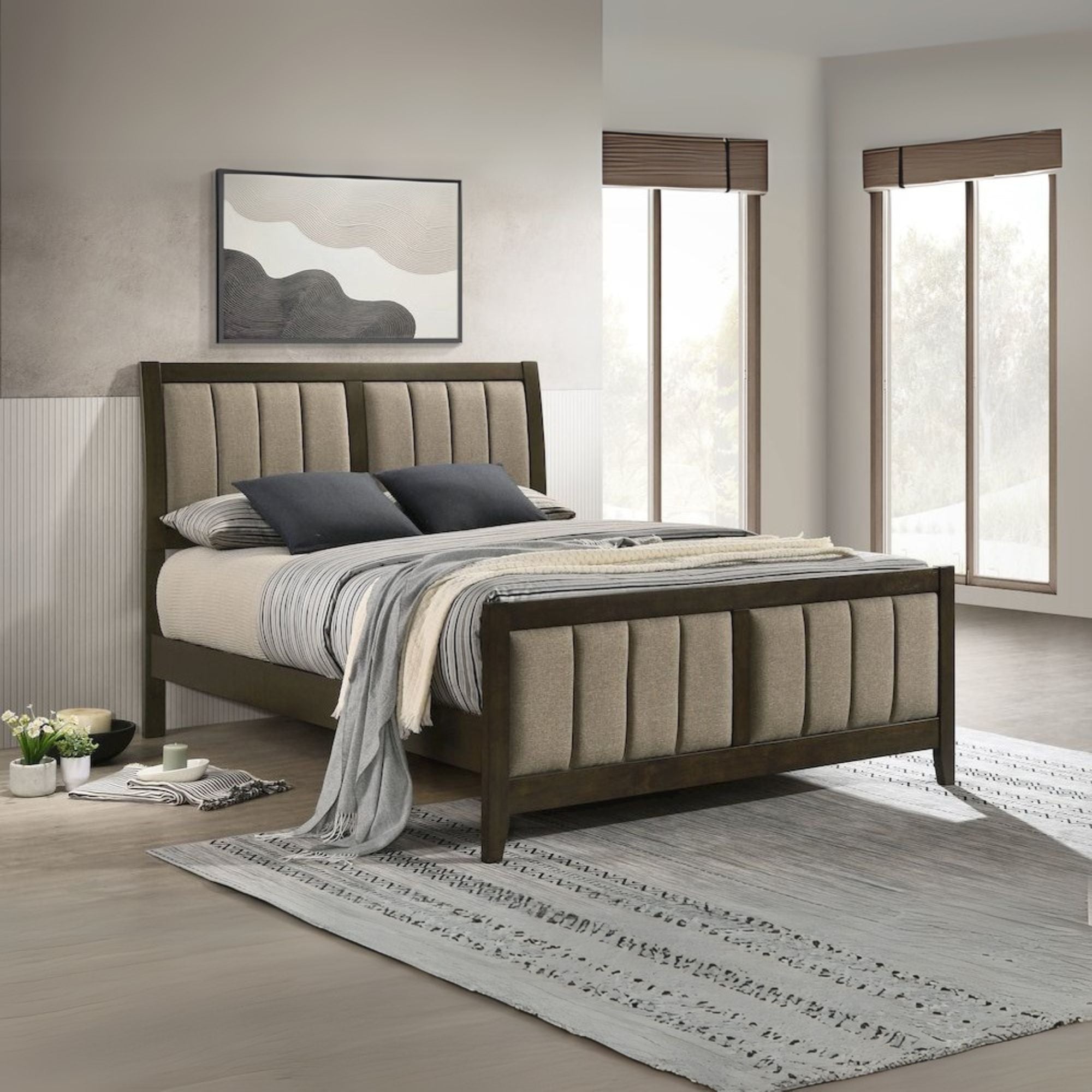 John Wilkes King Dark Cocoa Upholstered Bed – Modern Wide Headboard