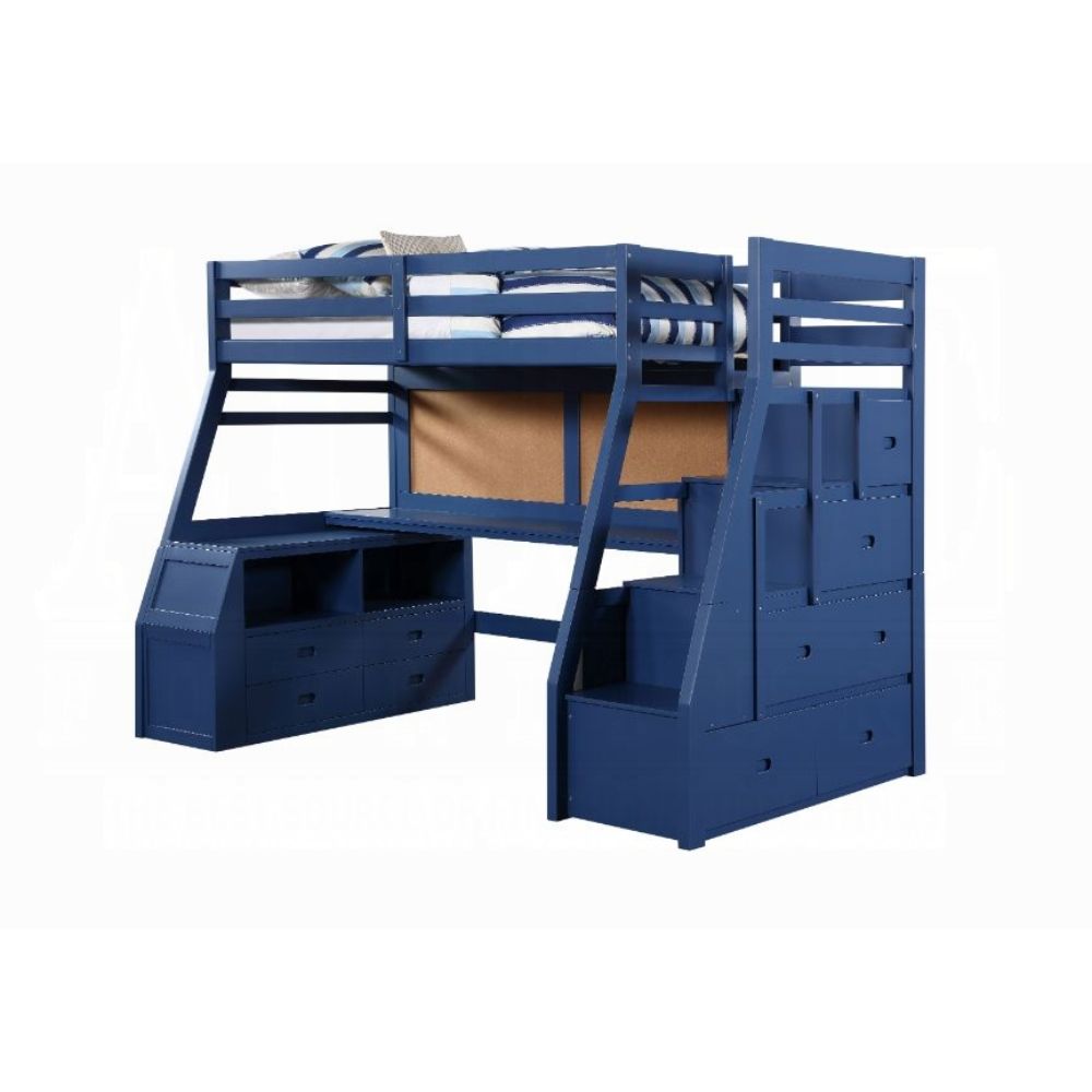 Guardrail Jason II Twin Navy Blue Wooden Loft Bed – Contemporary Storage Solution with 5-Drawer Ladder & Desk