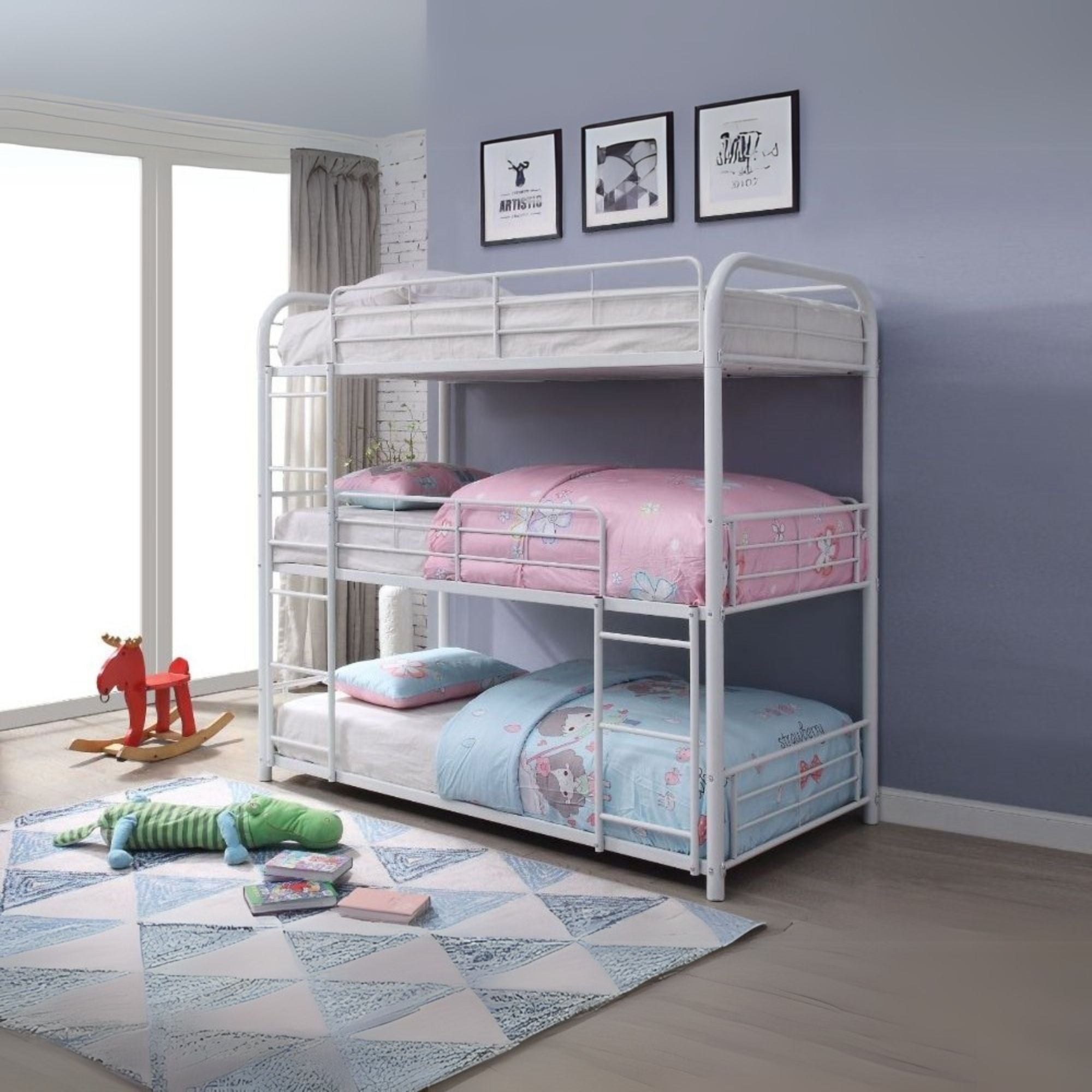 Philip Cairo Full Triple Bunk Bed White Metal – Space-Saving Design