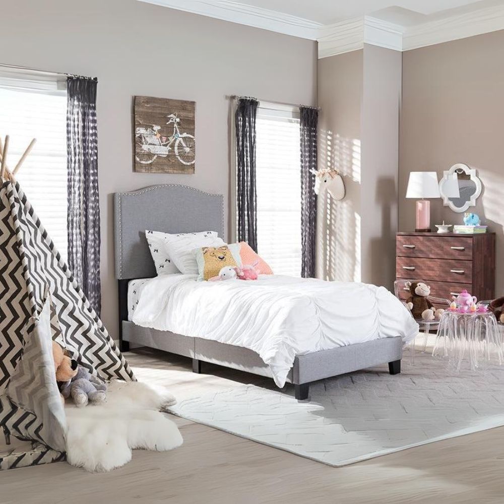 Benjamin Beige Linen Upholstered Twin Size Arched Bed With Nail Heads