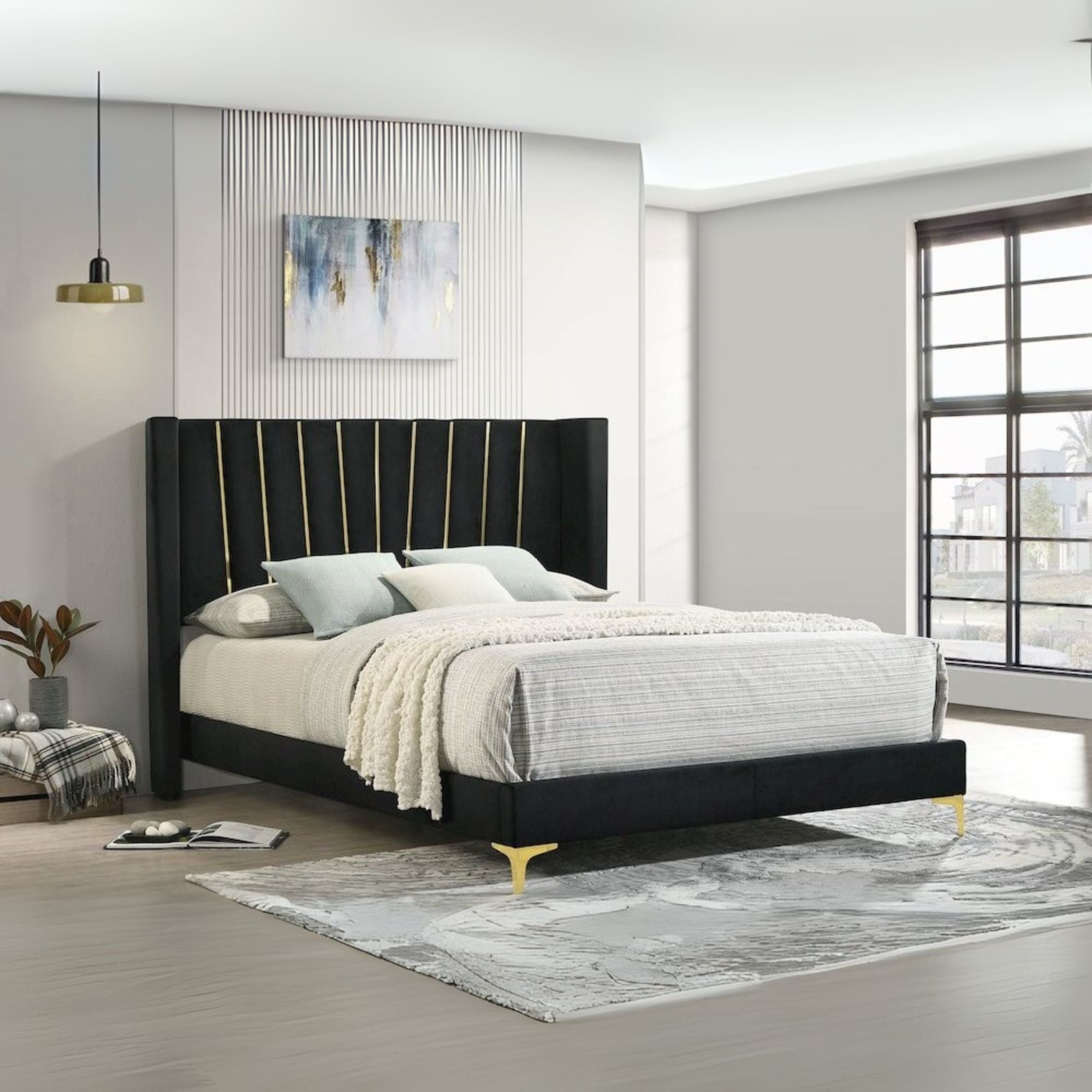 Maxwell Kendall Queen Black Velvet Upholstered Panel Bed – Modern Wingback with Golden Accents