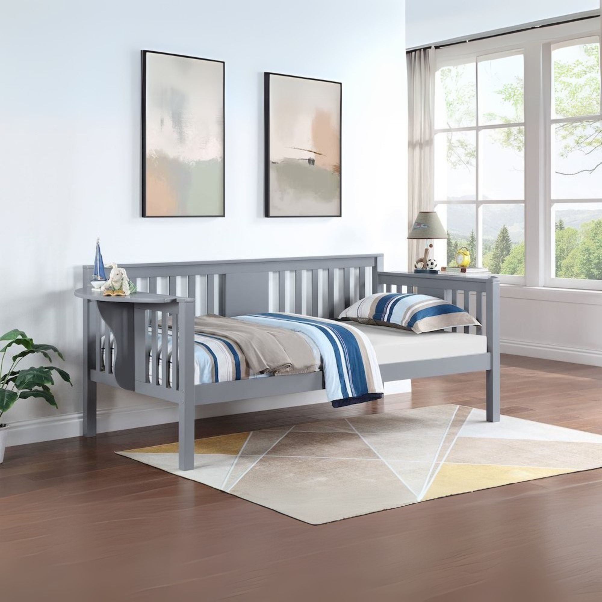 Lissette Bethany Collection Twin Daybed in Grey Wood – Drop-Down Tables, Compact Design