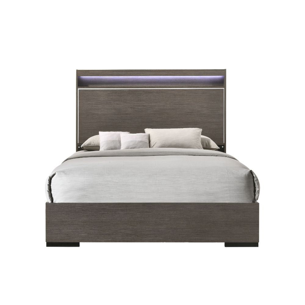 Vino Escher Eastern King Gray Oak Wood Bed – Contemporary Panel Design with LED Headboard